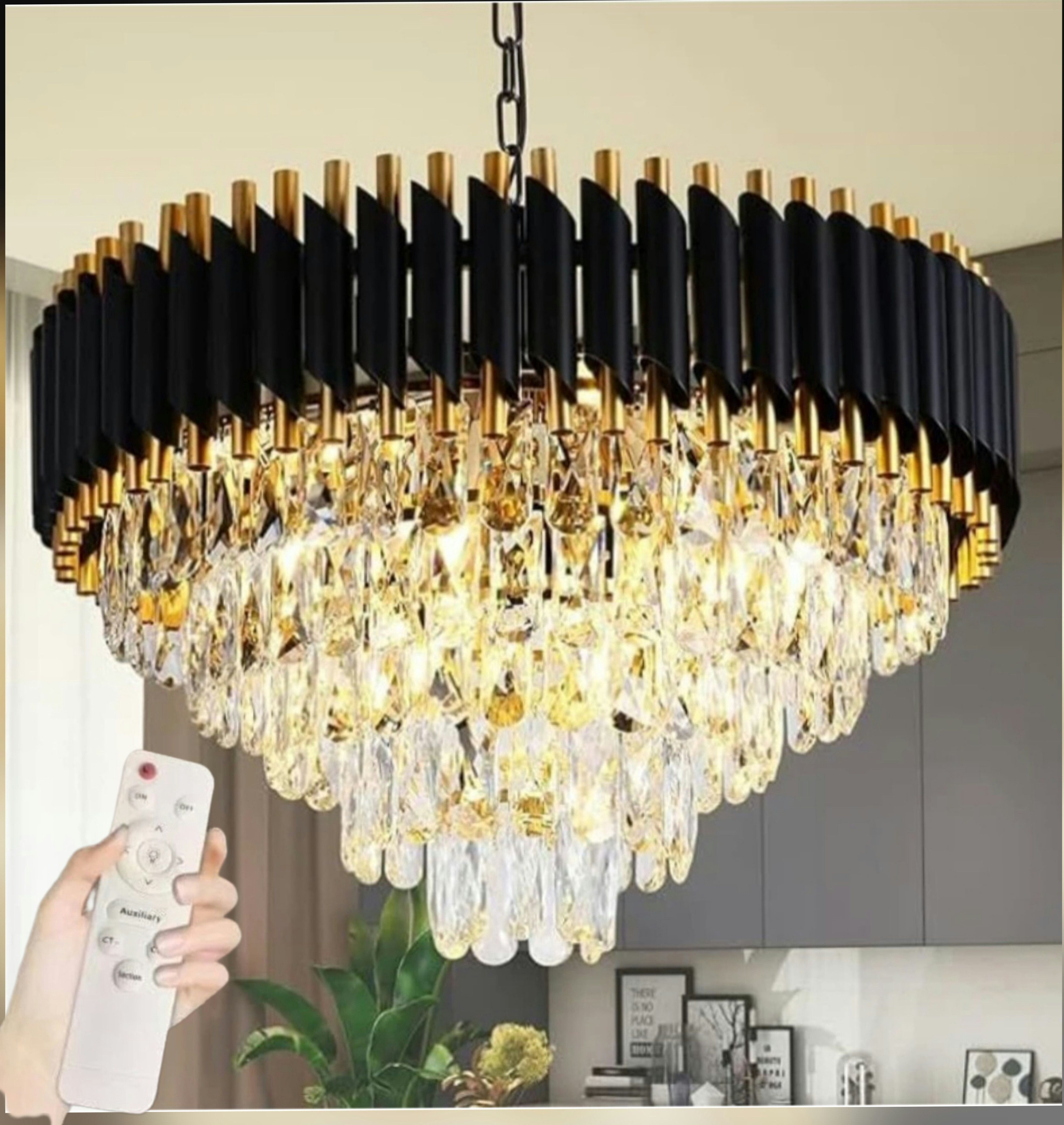 Bluetooth chandelier 600mm Black Gold color changing with Remote Moving Crystal Chandelier Ceiling Lamp-image-2