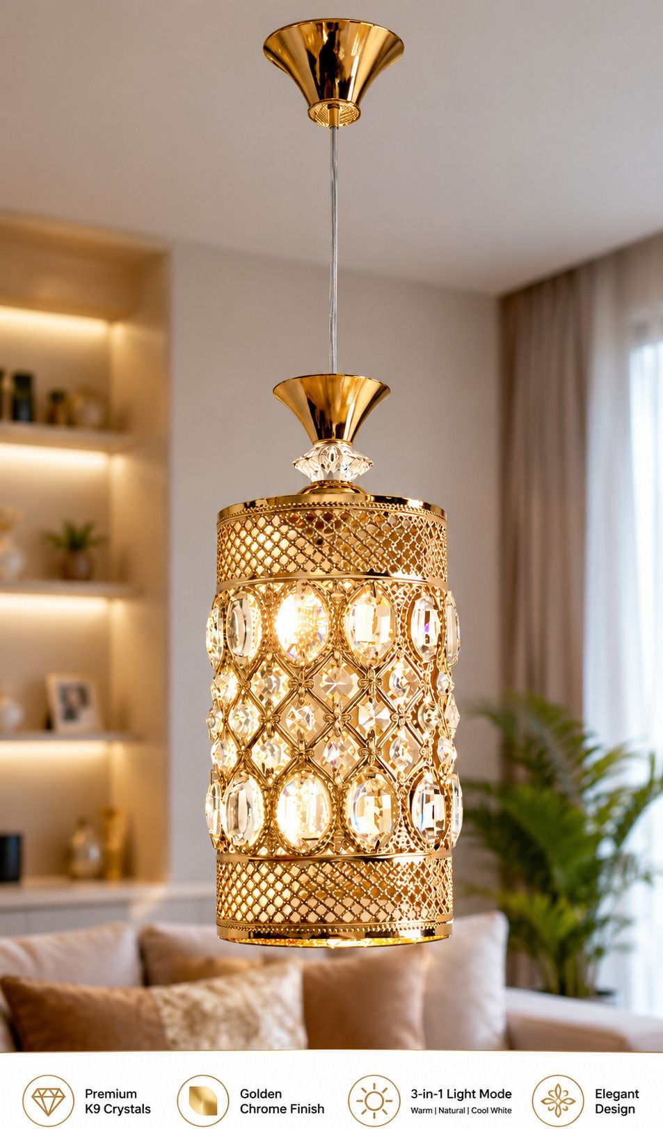 hybrix LED 9 Watt K9 Crystal Ceiling Lamp, Golden, 3 Colors Light by Switching On/Off, Pendant Lamp Ceiling Lamp-picture-35