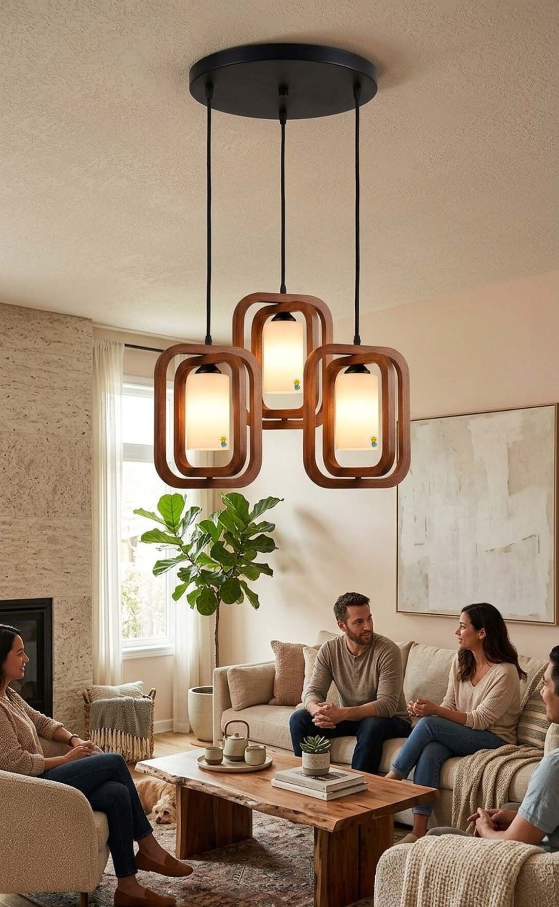 Luxury Modern Triple Wooden Pendant Light for Living Room Chandelier Ceiling Lamp-image-4