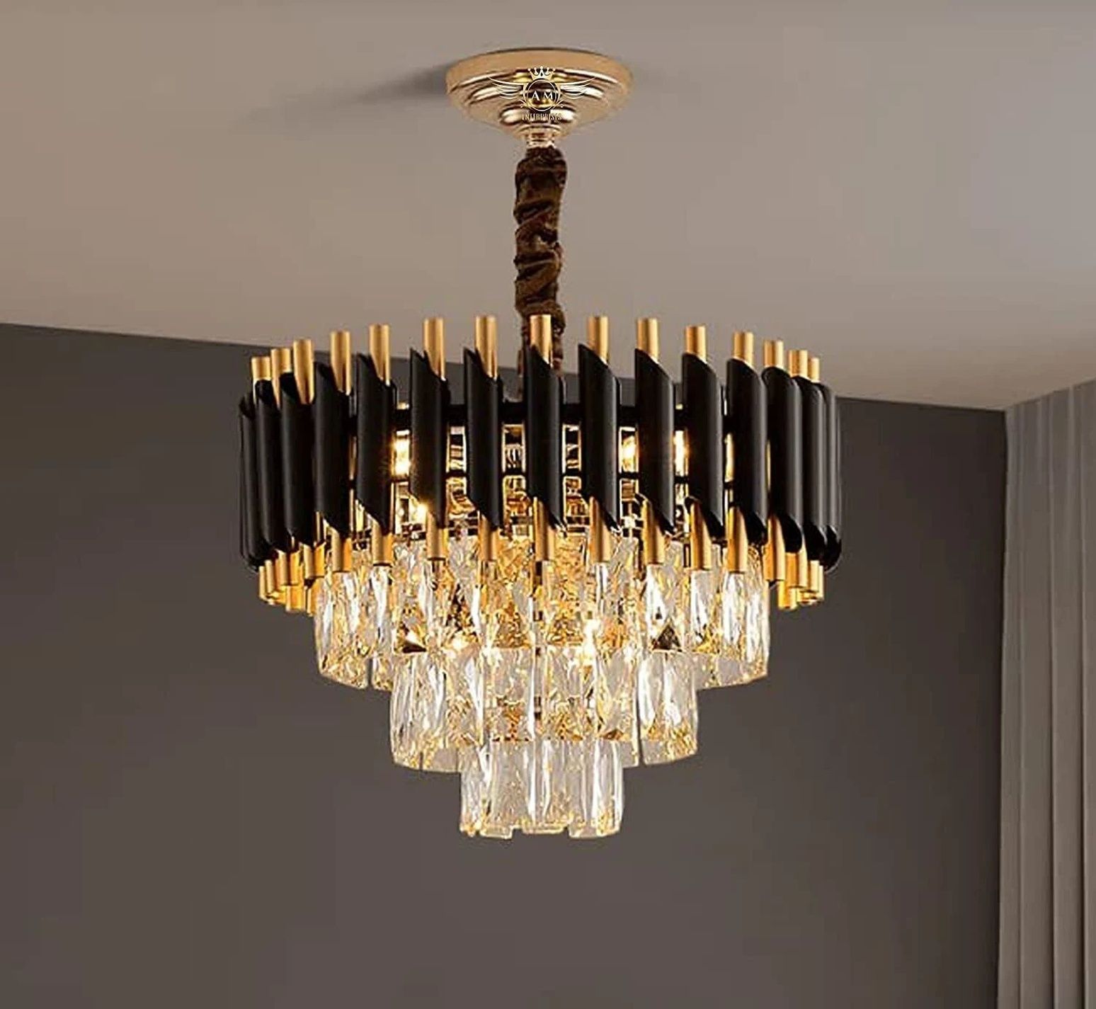 lk store Luxury 3 Tiers Crystal Chandelier 400mm Gold Finish with LED Light Black Gold Chandelier Ceiling Lamp-picture-25