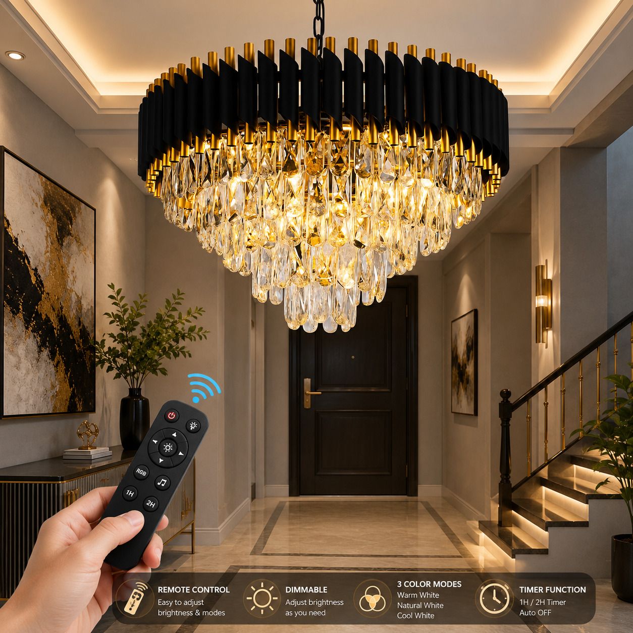 600MM Light Moving LED Crystal Chandelier with Remote Control (Black,Gold) Chandelier Ceiling Lamp-image-16