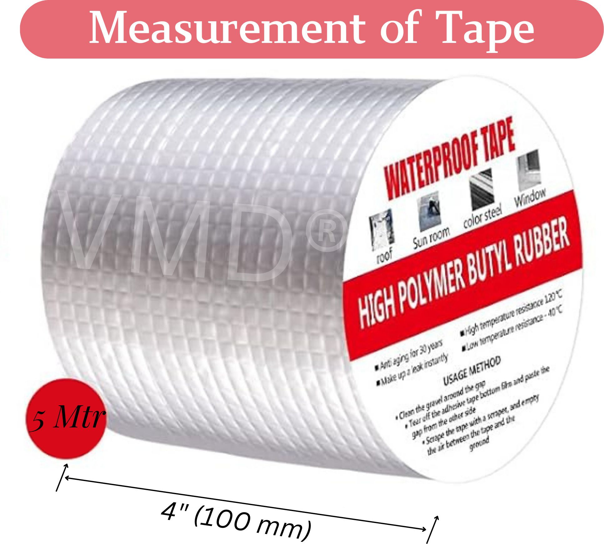 vmd WATER PROOF TAPE SELF Waterproof Butyl Tape, Sealing Leak, for Pipe, Roof Window Sealing (4" X 5 M.) (Manual)-picture-5