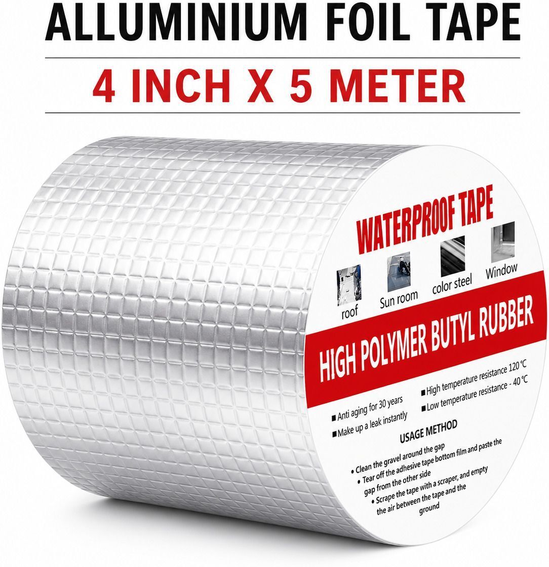krishviha Waterproof Aluminum foil based Butyl Rubber Tape 4 INCH wdht 5mtr roll Suitable for Roof Leak, surface Crack, Window Sill Gap, Boat Sealing, Tank Leak Aluminium Foil Adhesive Sealing butyl rubber tape 4 inch x 5 meter (Manual)-picture-11