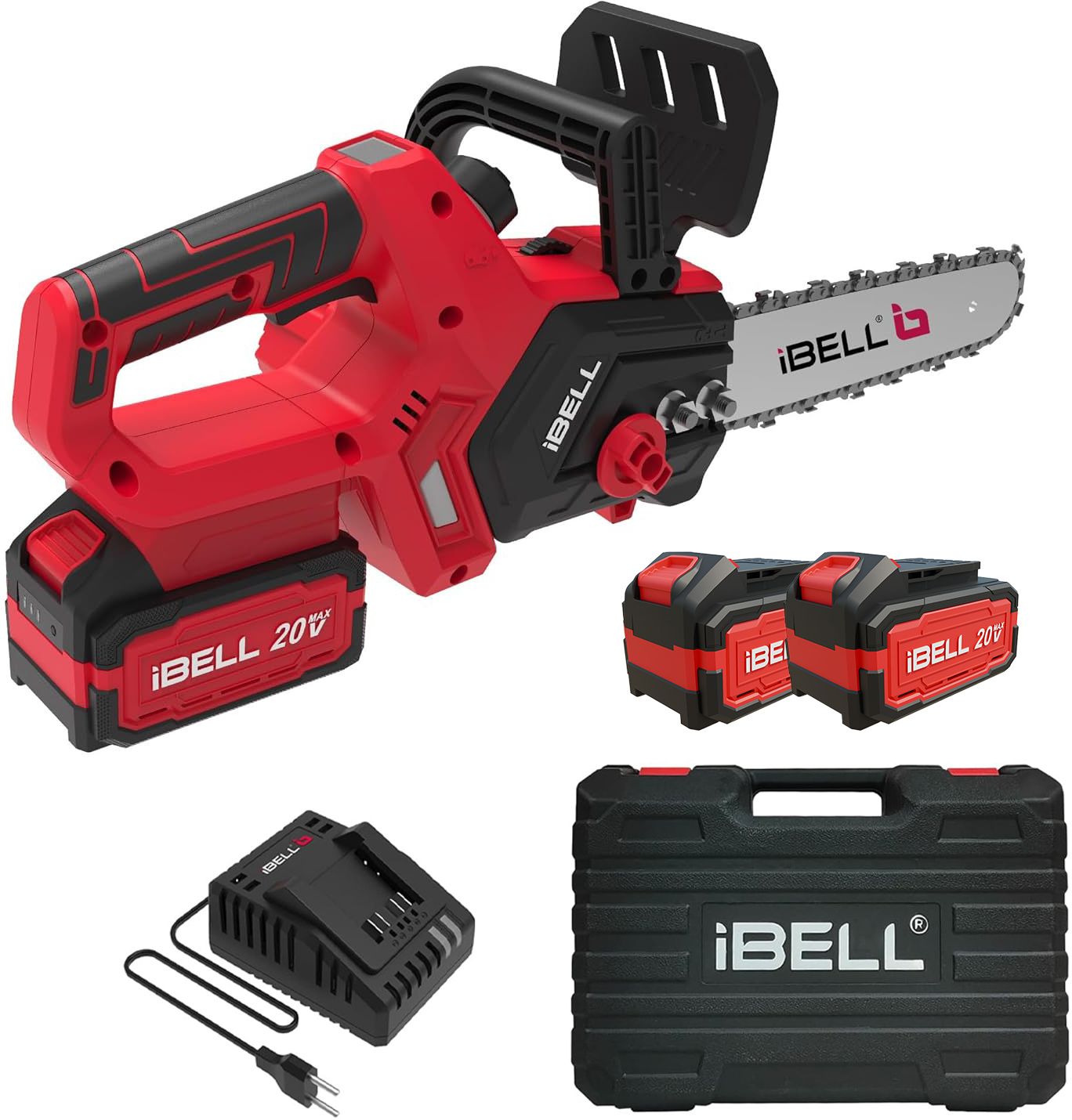 ibell BS20-12 Cordless Brushless Chainsaw, 1200W, 20V Max, 12” Guide Bar, 2 x 4.0Ah Li-Ion Battery, 4500 RPM, 3/8” Chain Pitch, Tree & Branch Cutter with BMC, Cordless Chainsaw-picture-1
