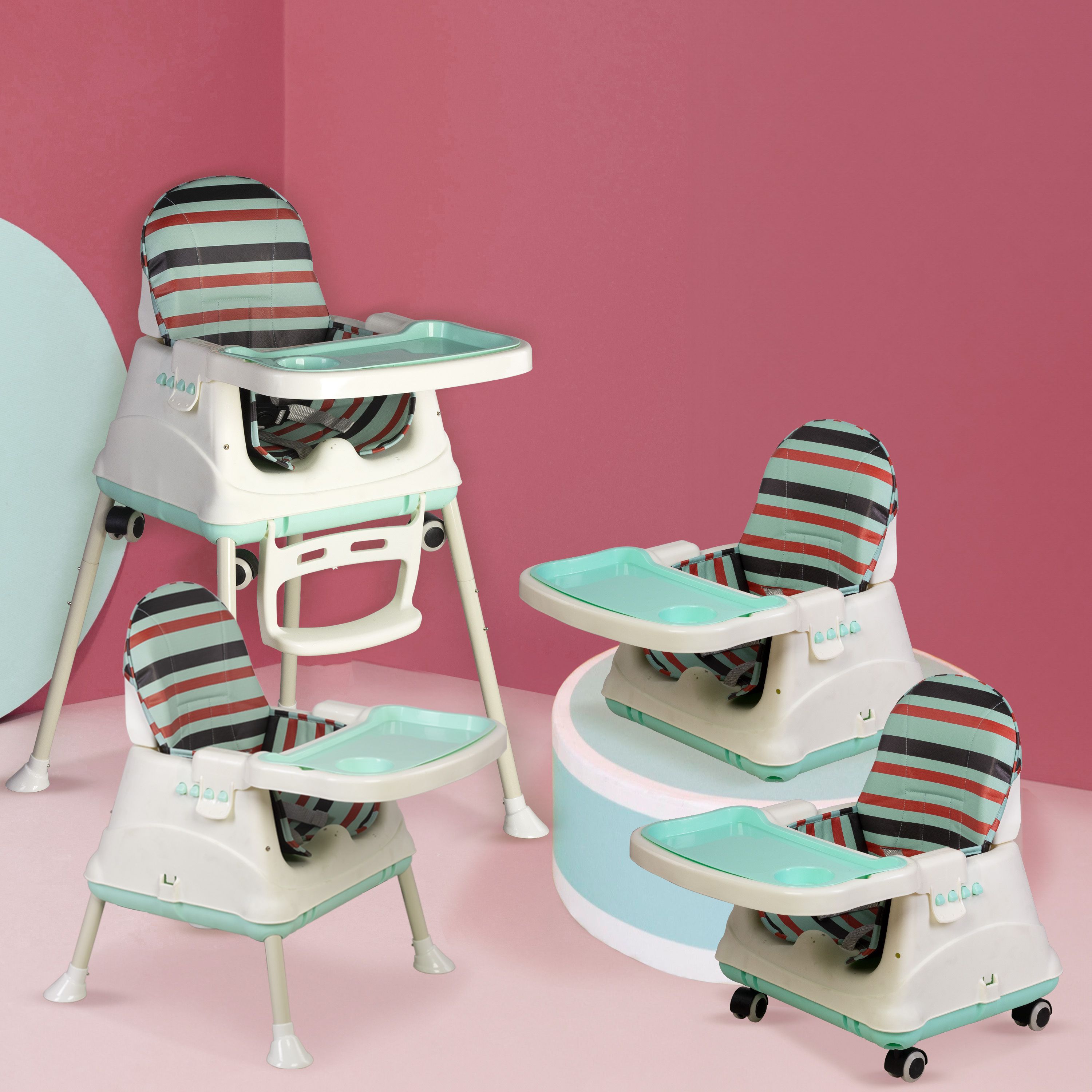 High Chair with Wheels, 3 Height Adjustments, Cushion for Comfort