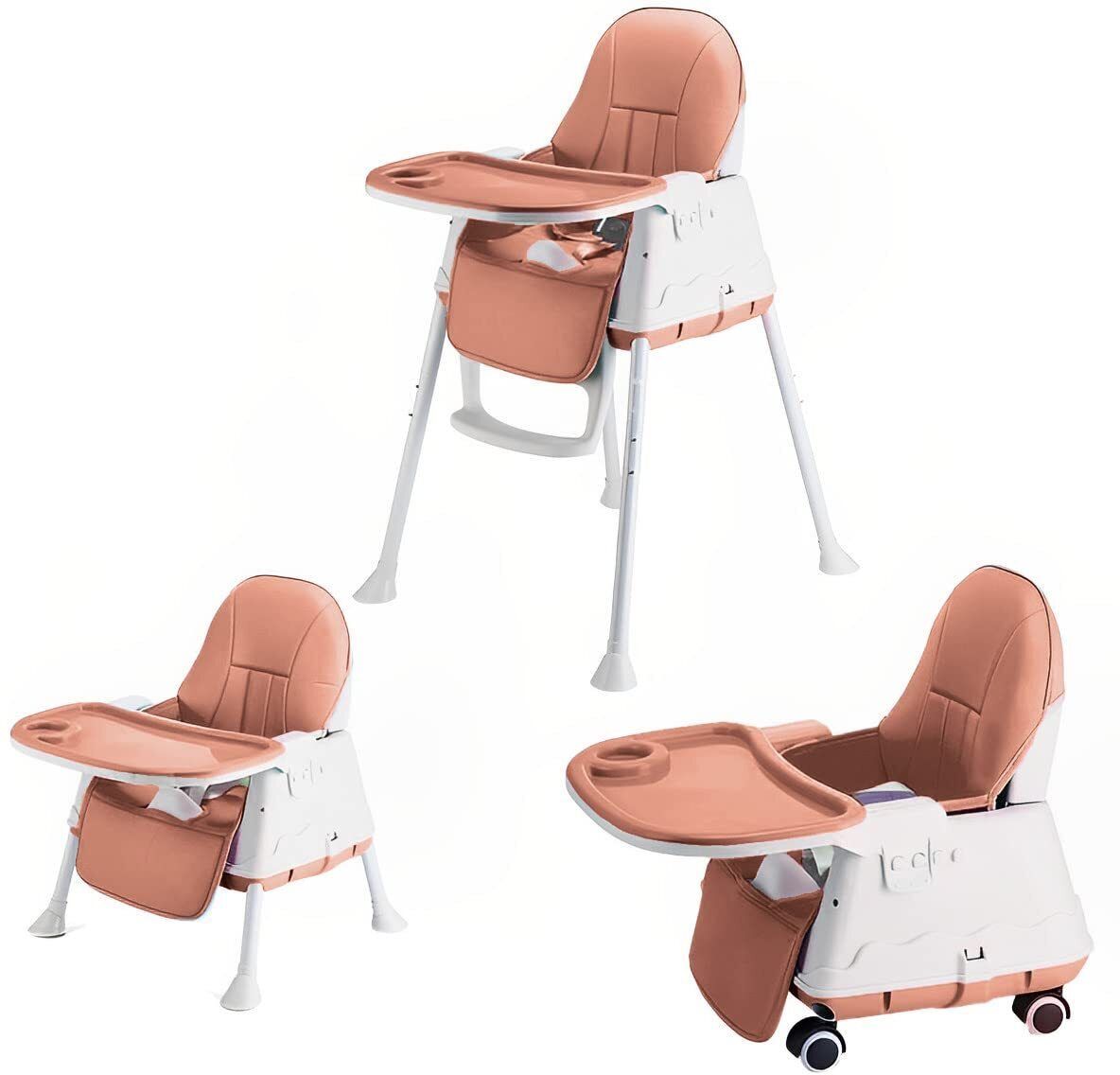 syga High Chair for Baby Kids, Safety Toddler Feeding Booster Seat Dining Table Chair with Wheel and Cushion (Brown)-picture-11