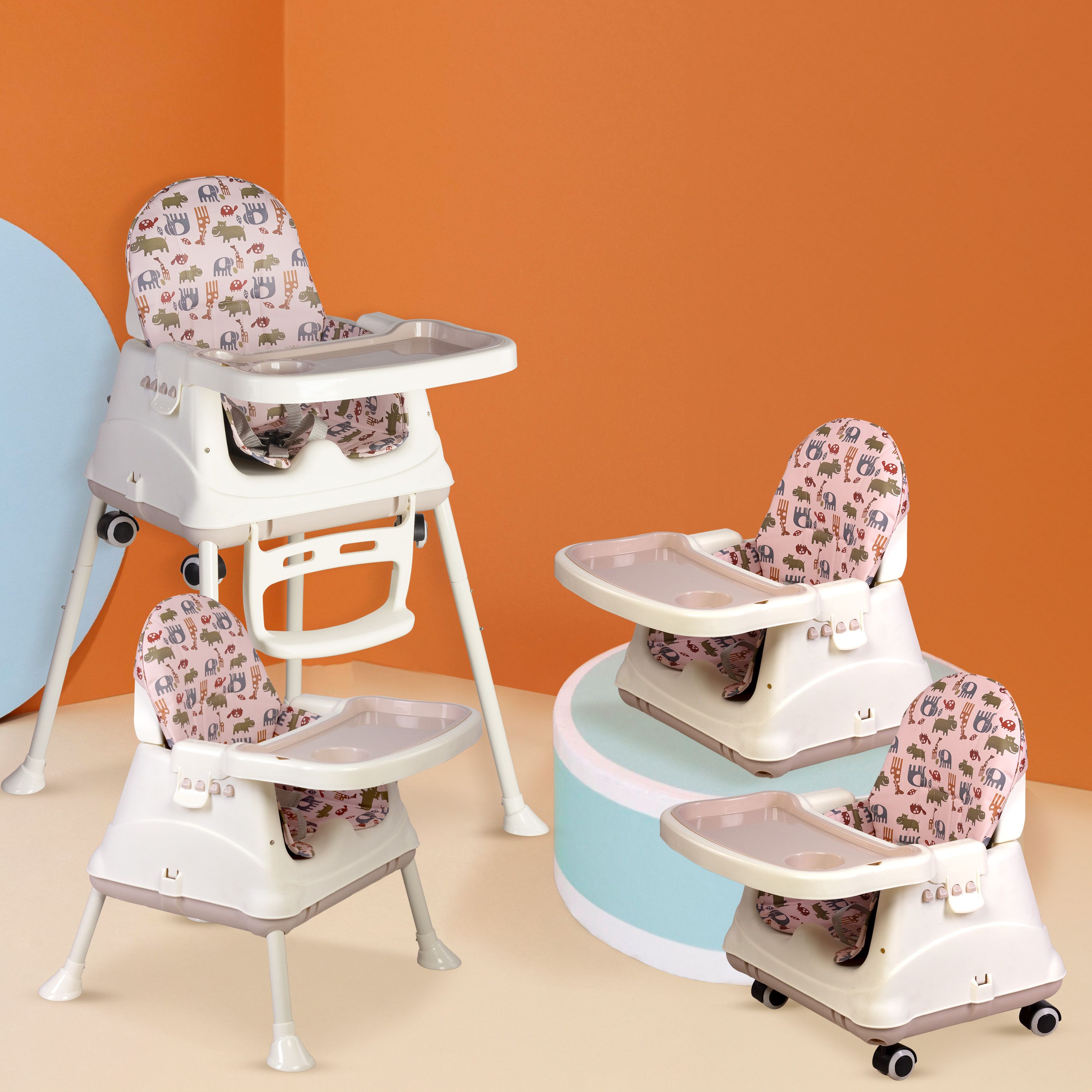 High Chair with Wheels, 3 Height Adjustments, Cushion for Comfort