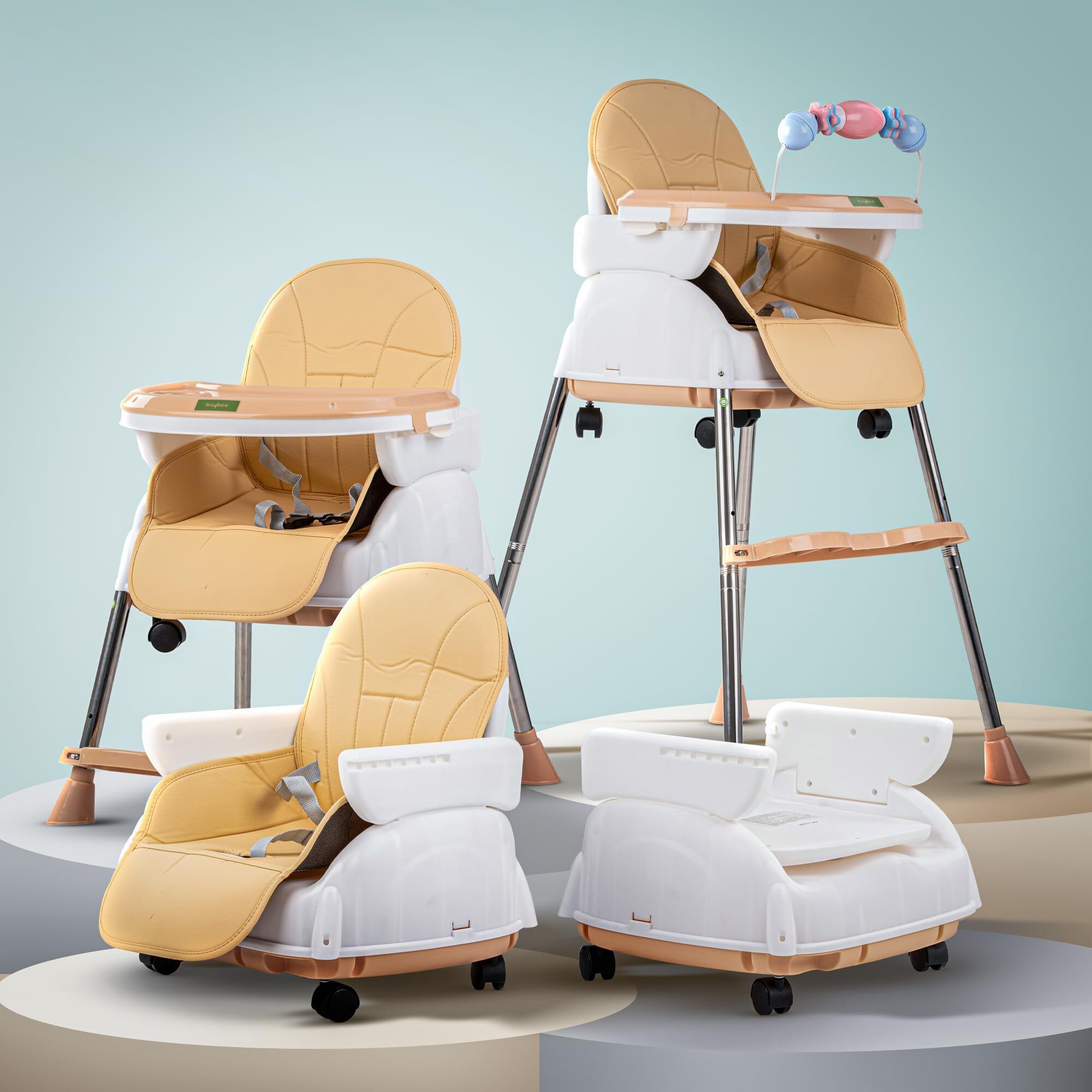 4 in 1 Nora Convertible High Chair for Kids with Adjustable Height and Footrest, Baby Toddler Feeding Booster Seat with Tray, Wheels, Safety Belt and Cushion, Boys & Girls 6 Months to 3 Years (Beige)-image-24