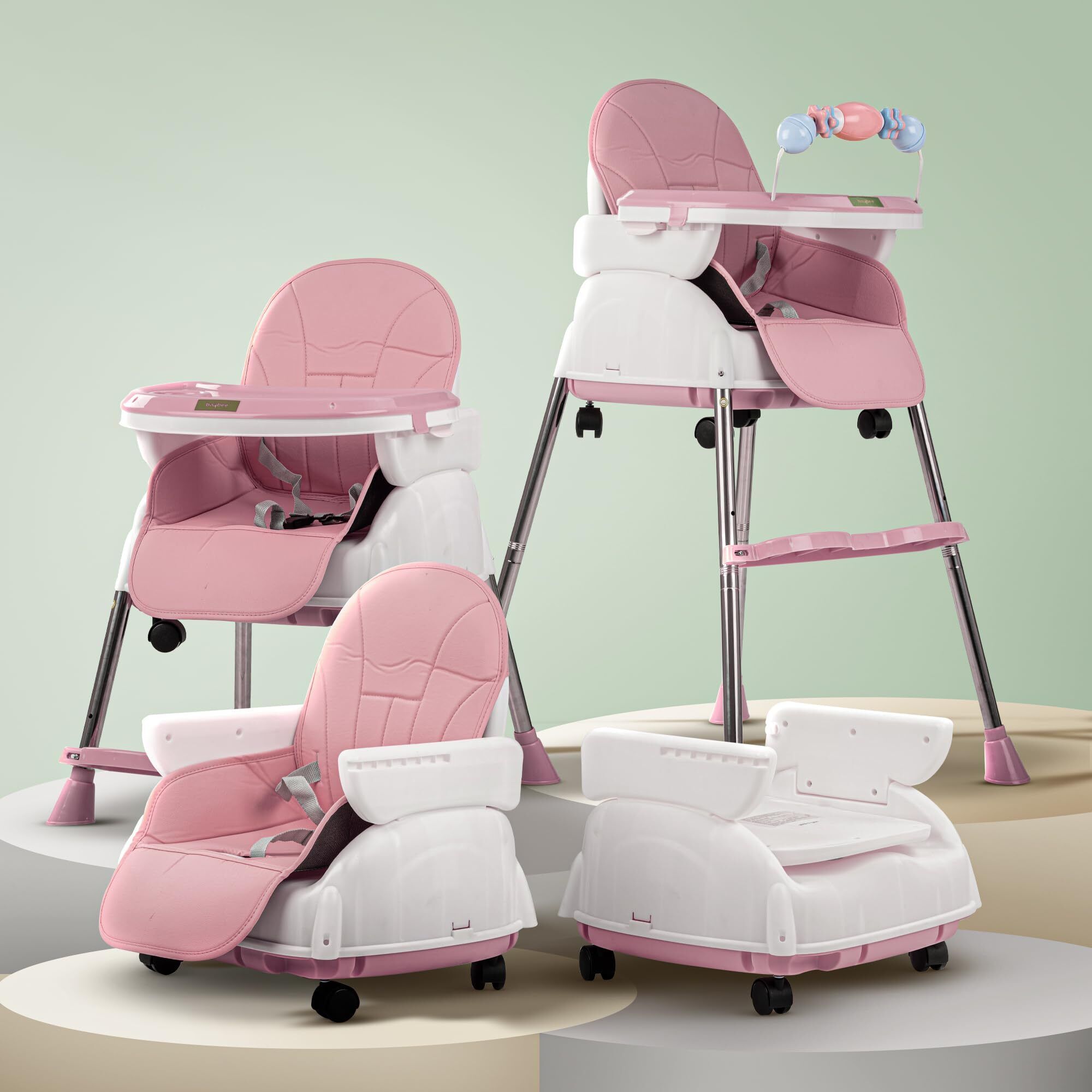 4 in 1 Pro Nora Convertible High Chair for Kids with Adjustable Height and Footrest, Baby Toddler Feeding Booster Seat with Tray, Wheels, Safety Belt and Cushion, Boys & Girls 6 Months to 3 Years (Pink)-image-2