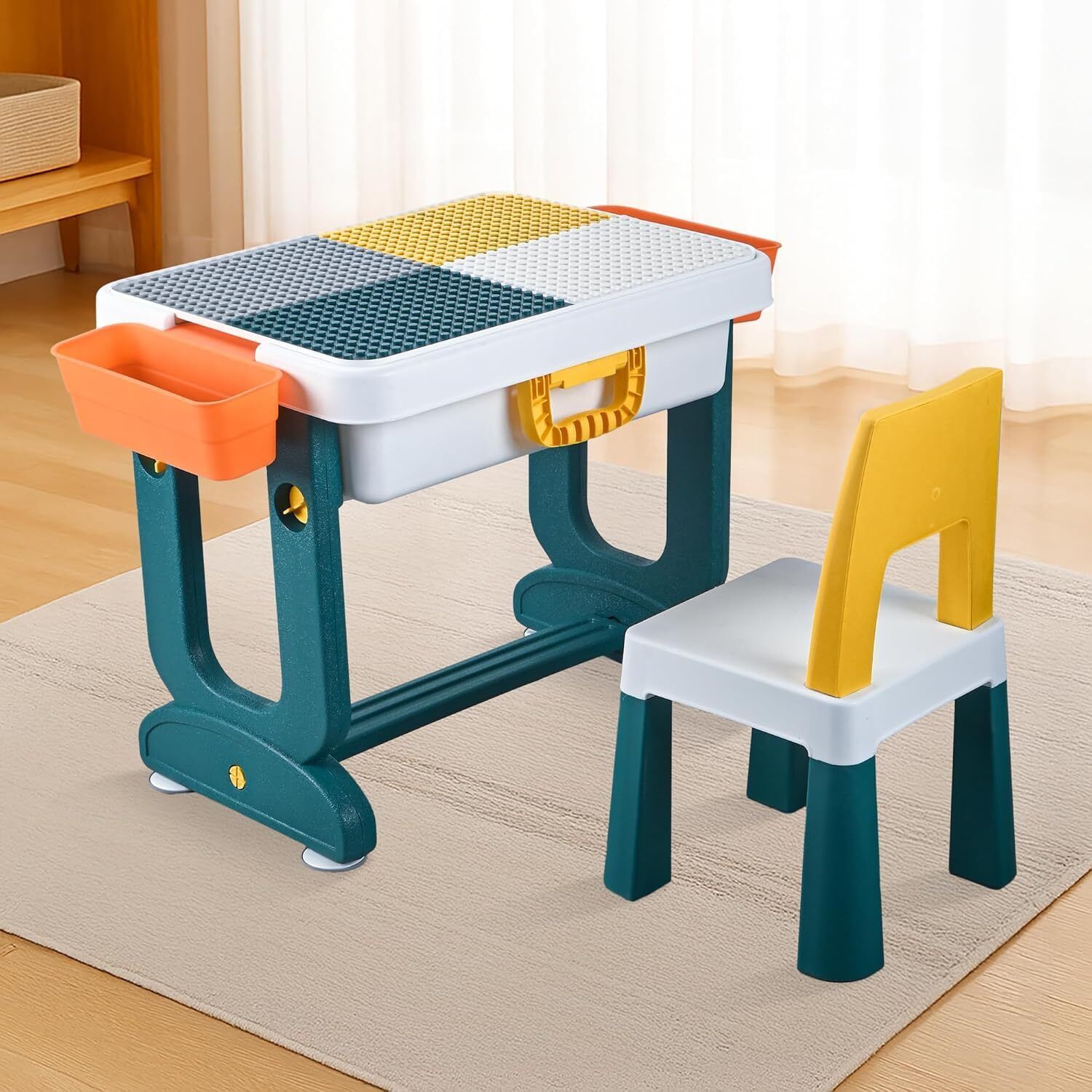 Plastic Kids Study Table and Chair Set 4 in 1 Multi-Functional Learner and Desk Blue, White Changing Table-image-4