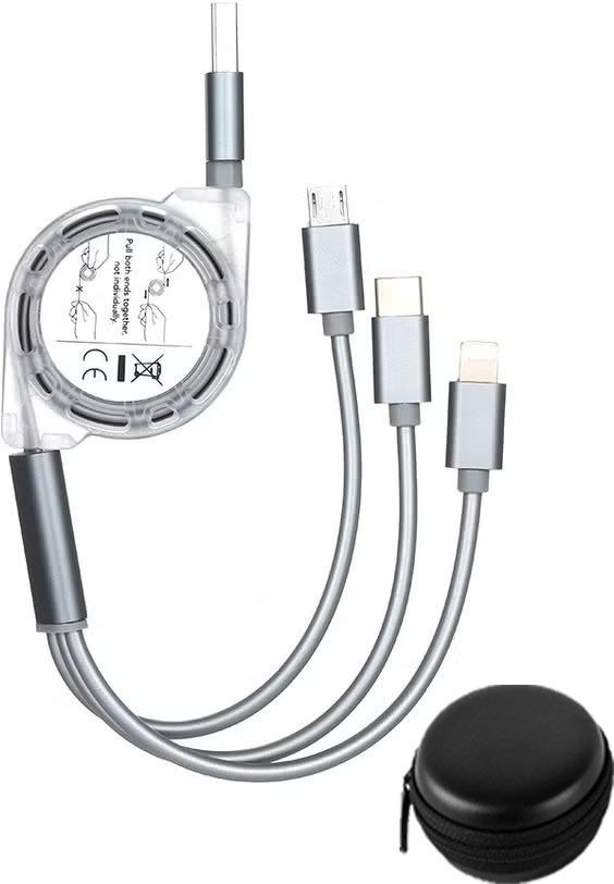 Huntindia USB Retractable 3in1 Cable Nylon Braided Multiple Charging Cord Cable+Pouch Charging Pad-image-13