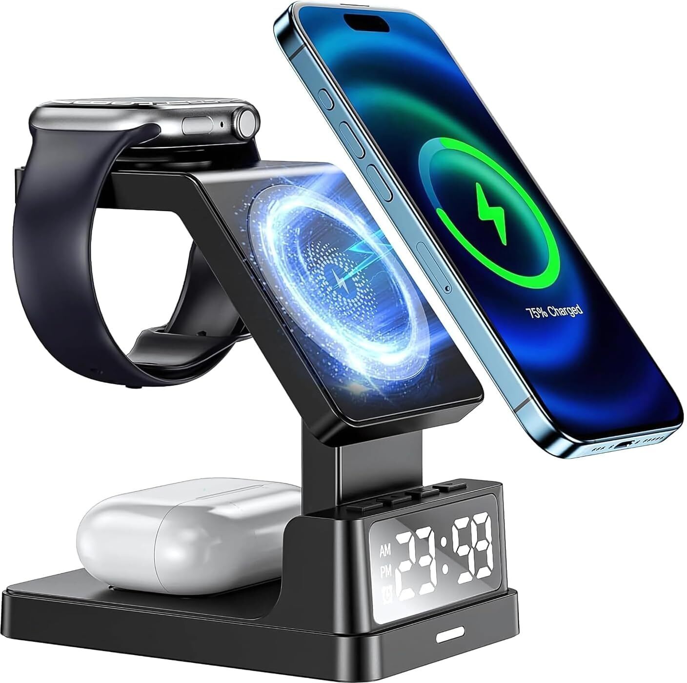 DRUMSTONE 4-in-1 Wireless Charging Station with Alarm Clock Charging Pad-image-1
