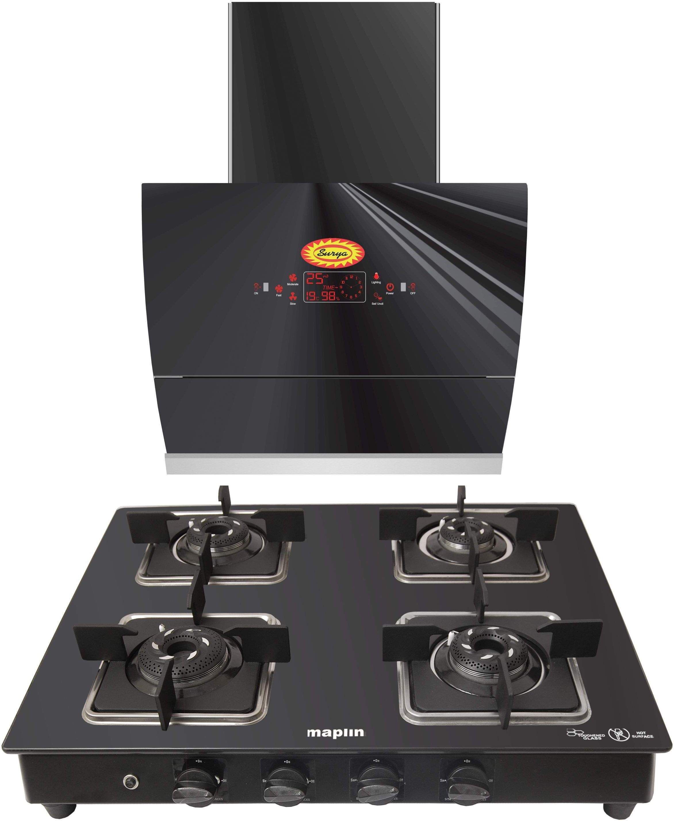 Combo of Auto Ignition Gas Cooktop Surya04 & Surya GO60 Auto Clean Wall Mounted Black 1400 CMH Chimney-image-12