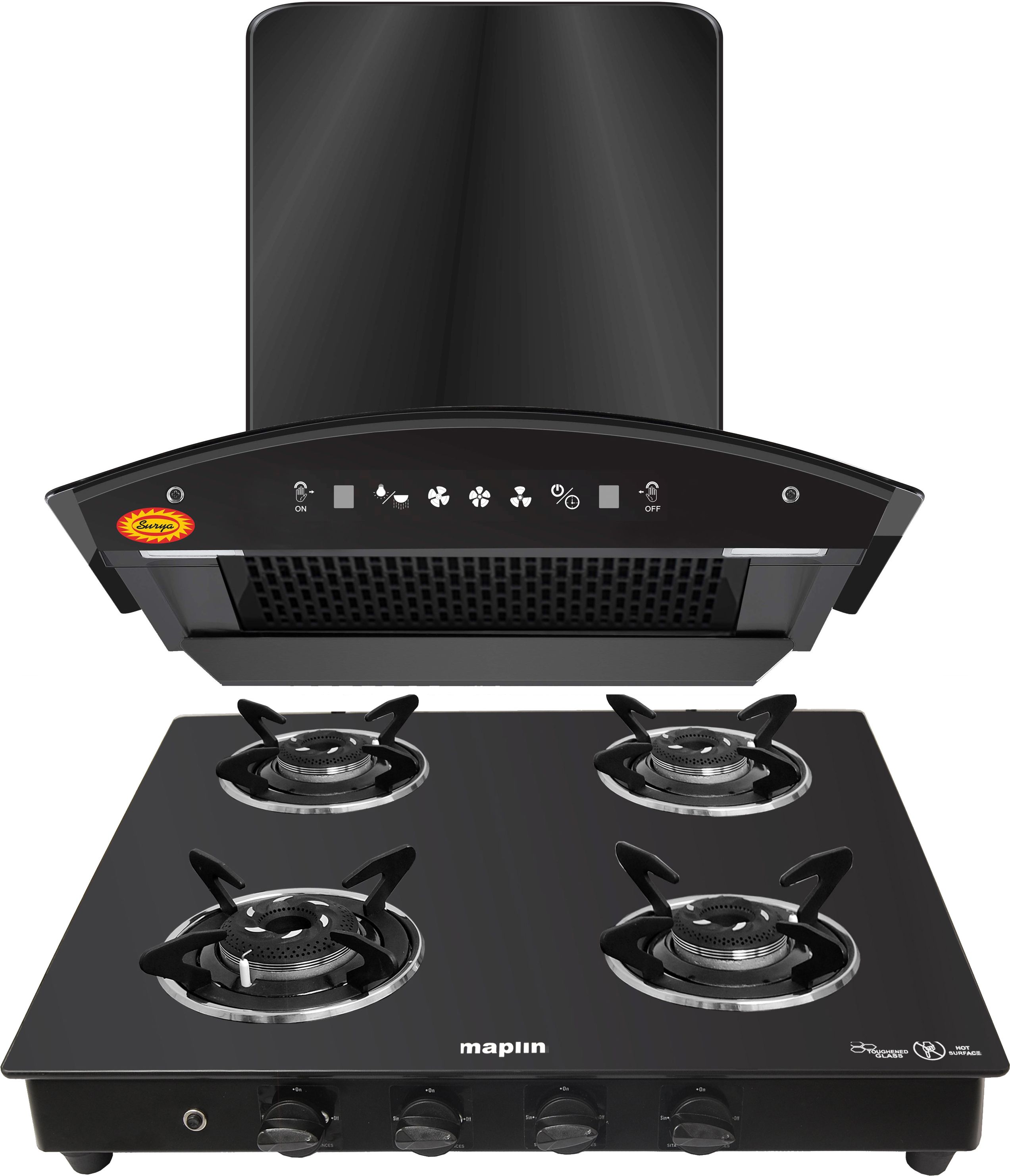 surya Combo of Kitchen Chimney Net60 Net + 4 Burner Gas Cooktop Curve Black Auto Clean Wall Mounted Black 1400 CMH Chimney-picture-31
