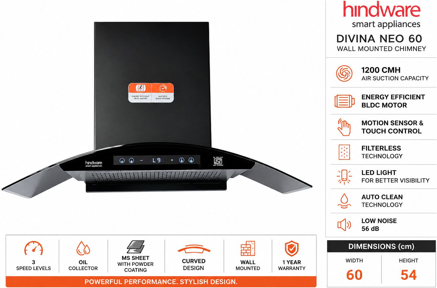 DIVINA NEO 60 BLK Auto Clean Wall Mounted Black 1200 CMH Chimney-image-27