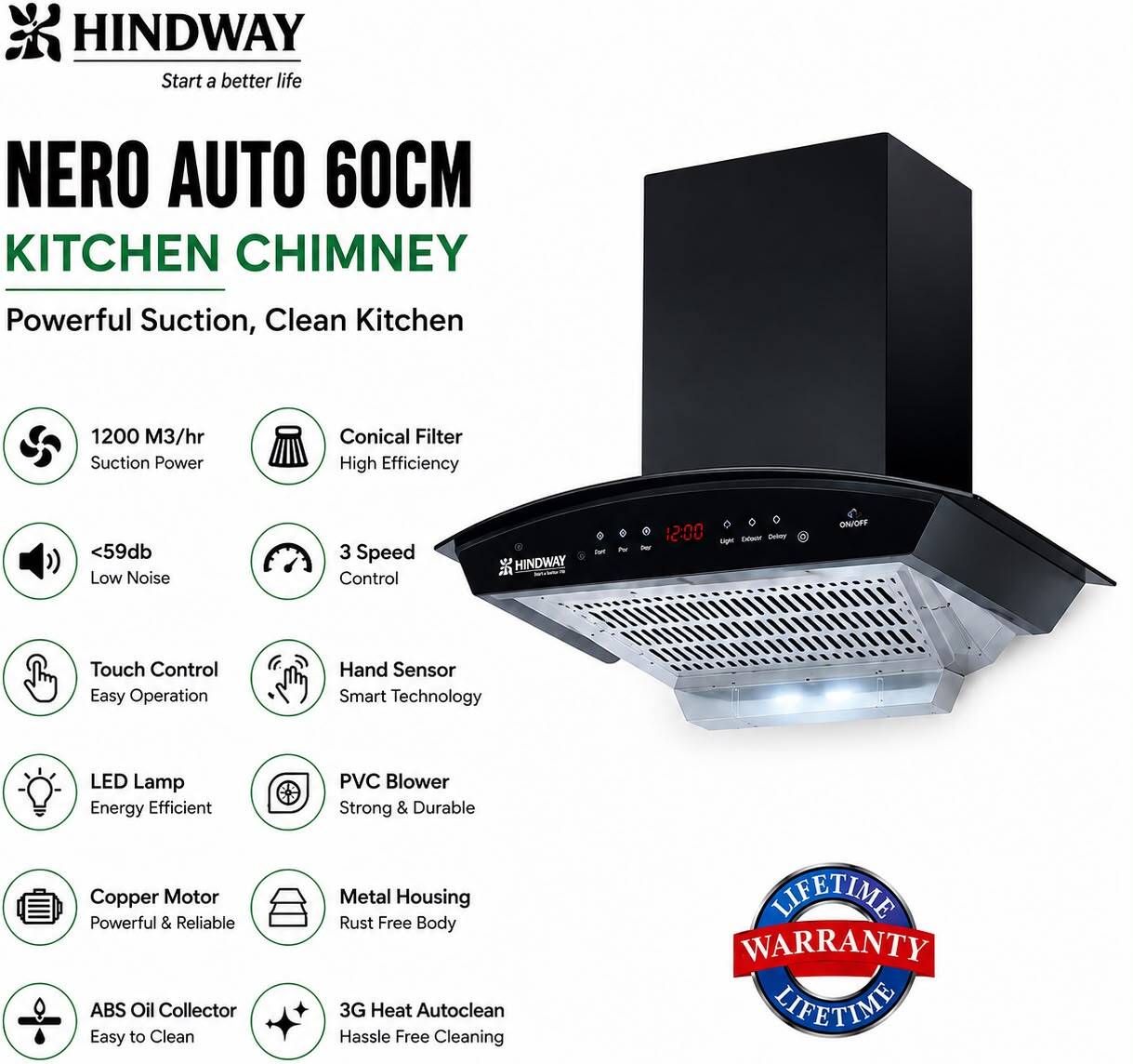 NERO AUTO 60CM 1200 CMH 60 cm Auto Clean Chimney-image-1