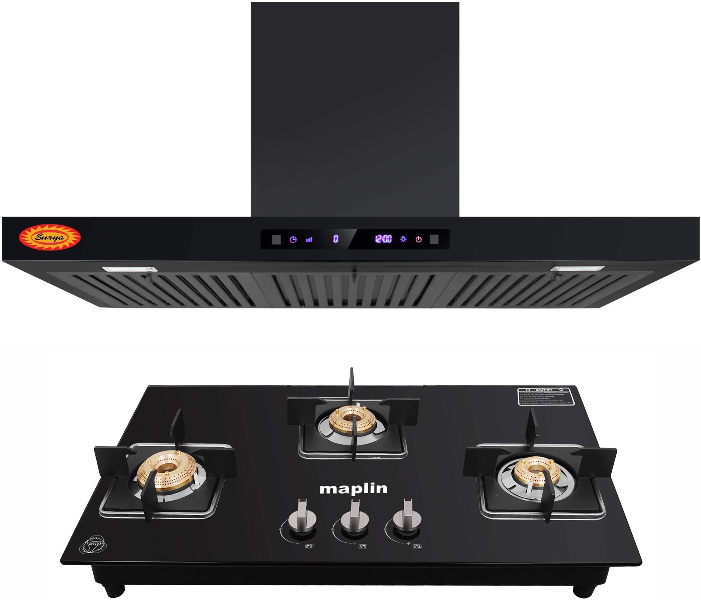 Combo of Kitchen Chimney SF90 + 3 Burner Gas Cooktop GH03 Auto Clean Wall Mounted Black 1400 CMH Chimney-image-40