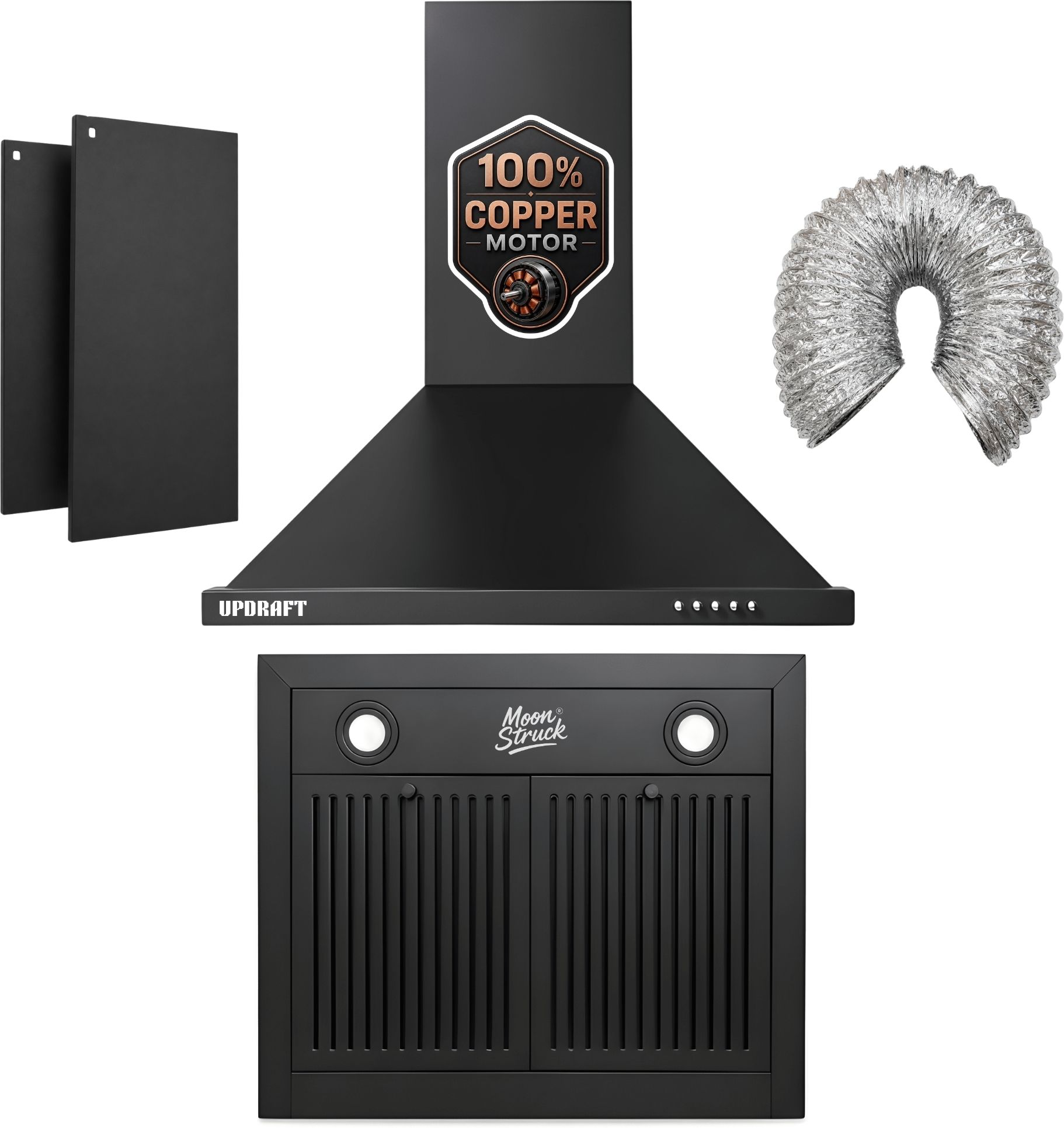Updraft 60cm 1200 m³/hr Chimney | 135W Copper Motor | 5 Yr Motor Warranty Wall Mounted BLACK 1200 CMH Chimney-image-3