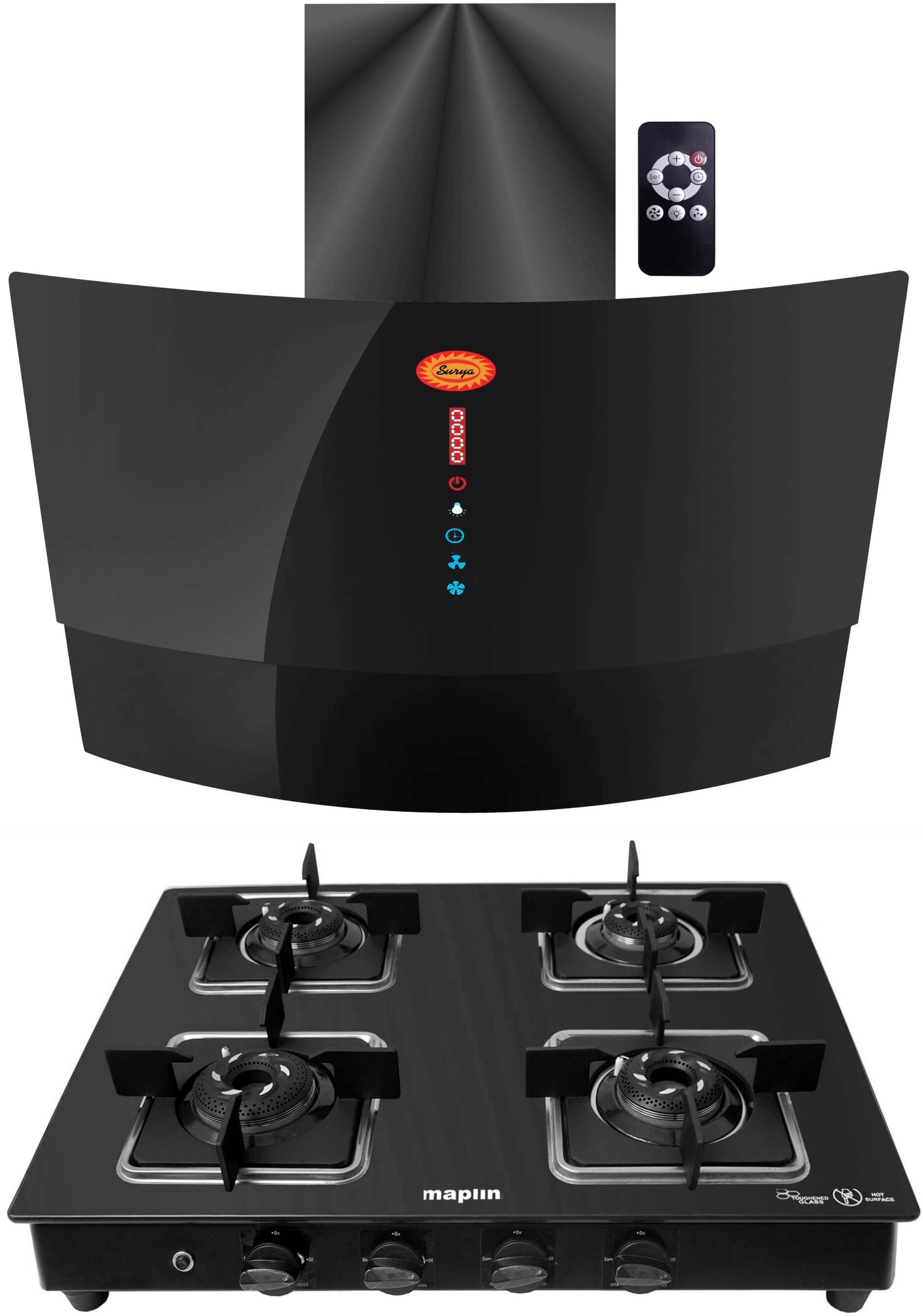Combo of 4 Burner LPG Cooktop (SS04) and Kitchen Chimney SUGO (90cm) Auto Clean Wall Mounted Black 1400 CMH Chimney-image-10