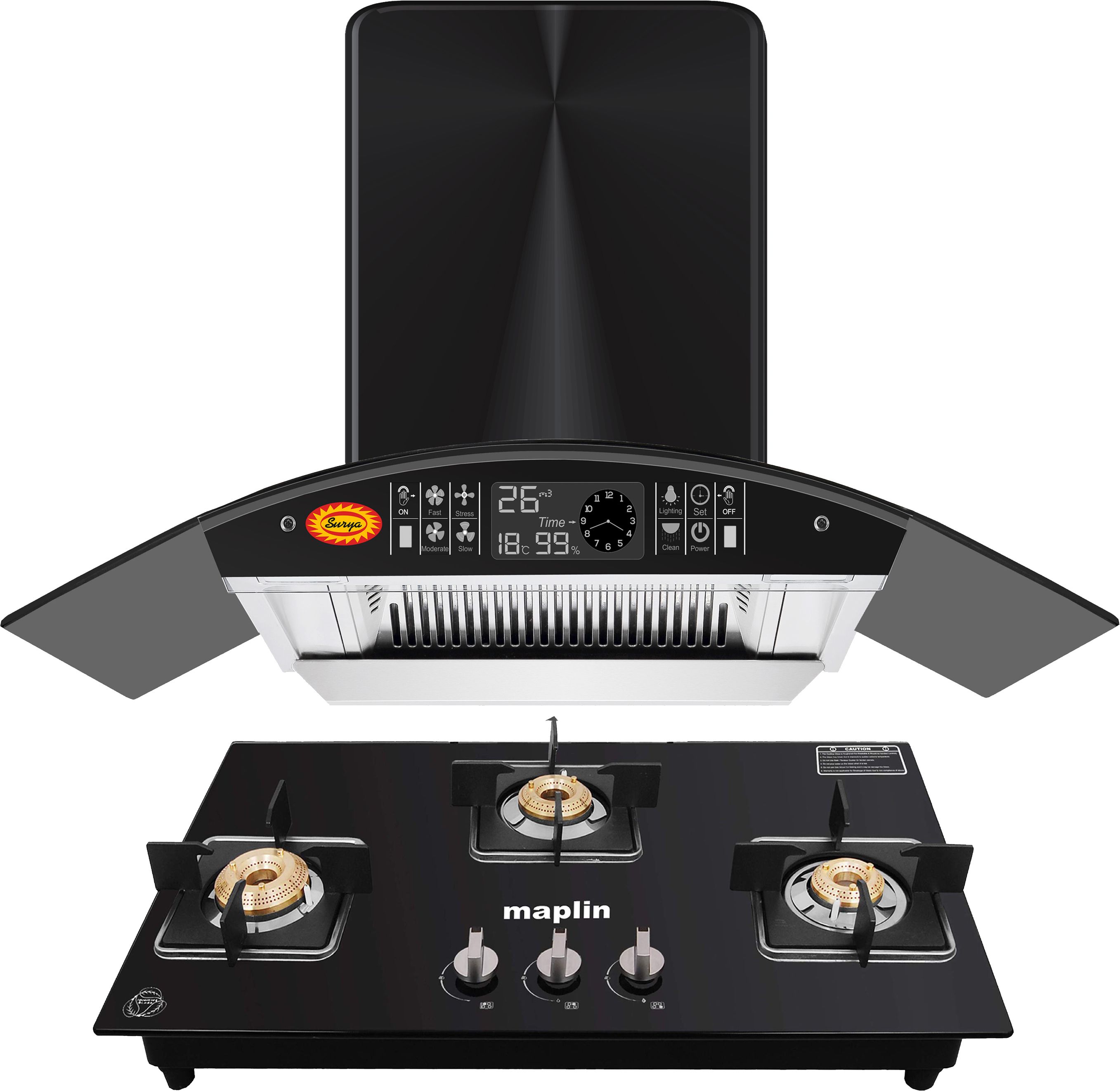 Combo of Kitchen Chimney SS75 + 3 Burner Gas Cooktop GH03 Black Auto Clean Wall Mounted Black 1400 CMH Chimney-image-39
