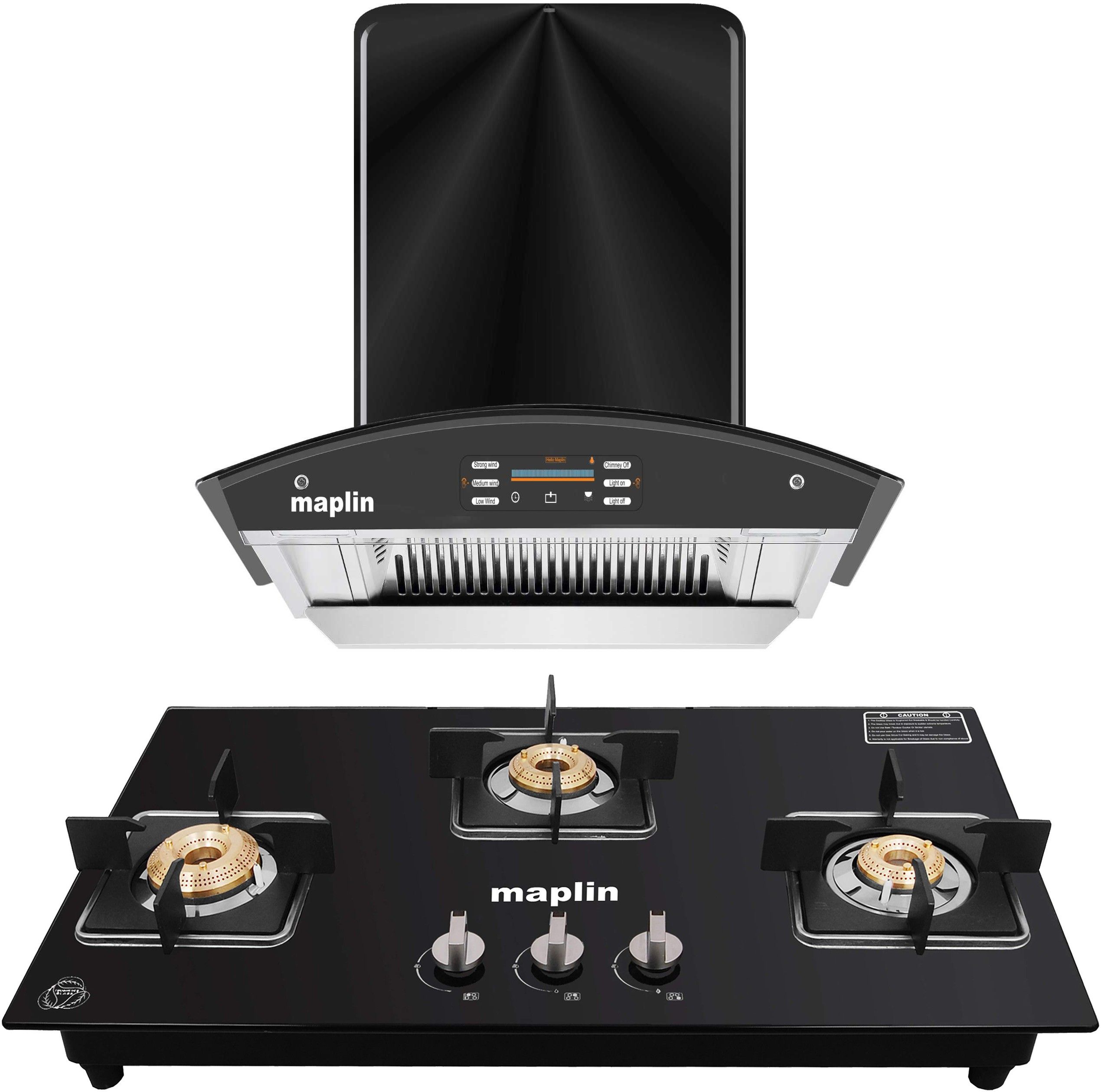 Combo of Gas Cooktop model GH03 & Voice Chimney SS60 (60 cm) Auto Clean Wall Mounted Black 1400 CMH Chimney-image-1