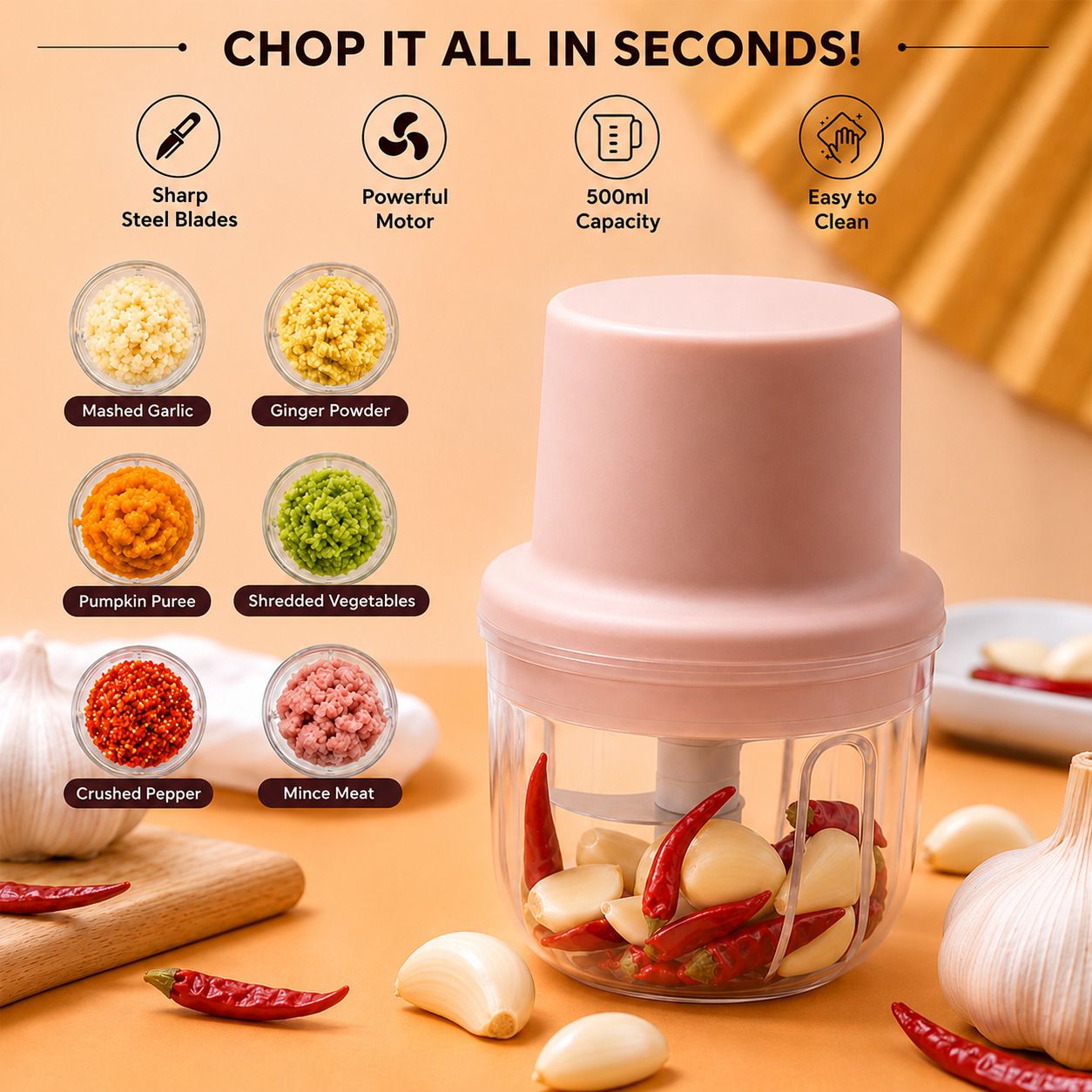 acequads Mini Electric Chopper Vegetable, Onion, Garlic, Chopper, Easy to Clean 250ml, Electric Vegetable & Fruit Chopper-picture-37