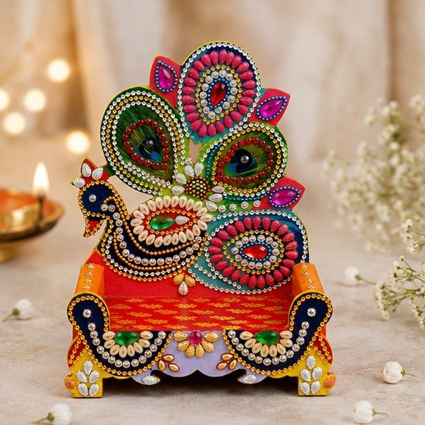 kalasagar Handcrafted Designer Jhula Swing for Laddu Gopal | Rajasthani Kundan Pooja Jhula Wooden Pooja Chowki-picture-11