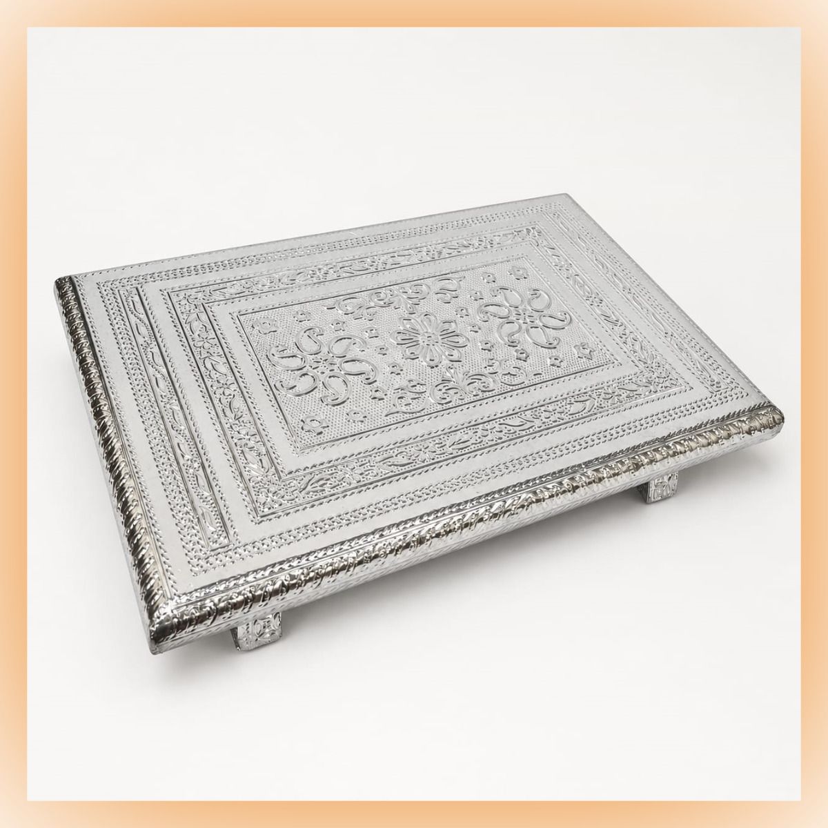 Silver Wooden Pooja Patla – 12x08 Inch Flower Design Bajot for Temple Wooden Pooja Chowki-image-5