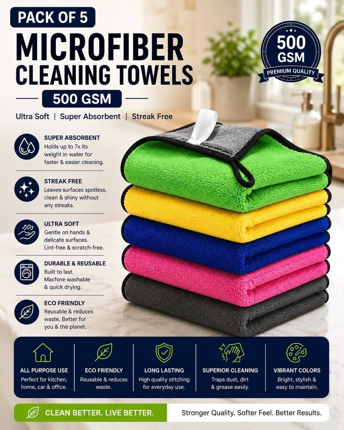 Premium 500 GSM Microfiber Cleaning Cloth, Ultra Soft, Reusable, Pack of 5 Dry Microfiber Cleaning Cloth-image-29
