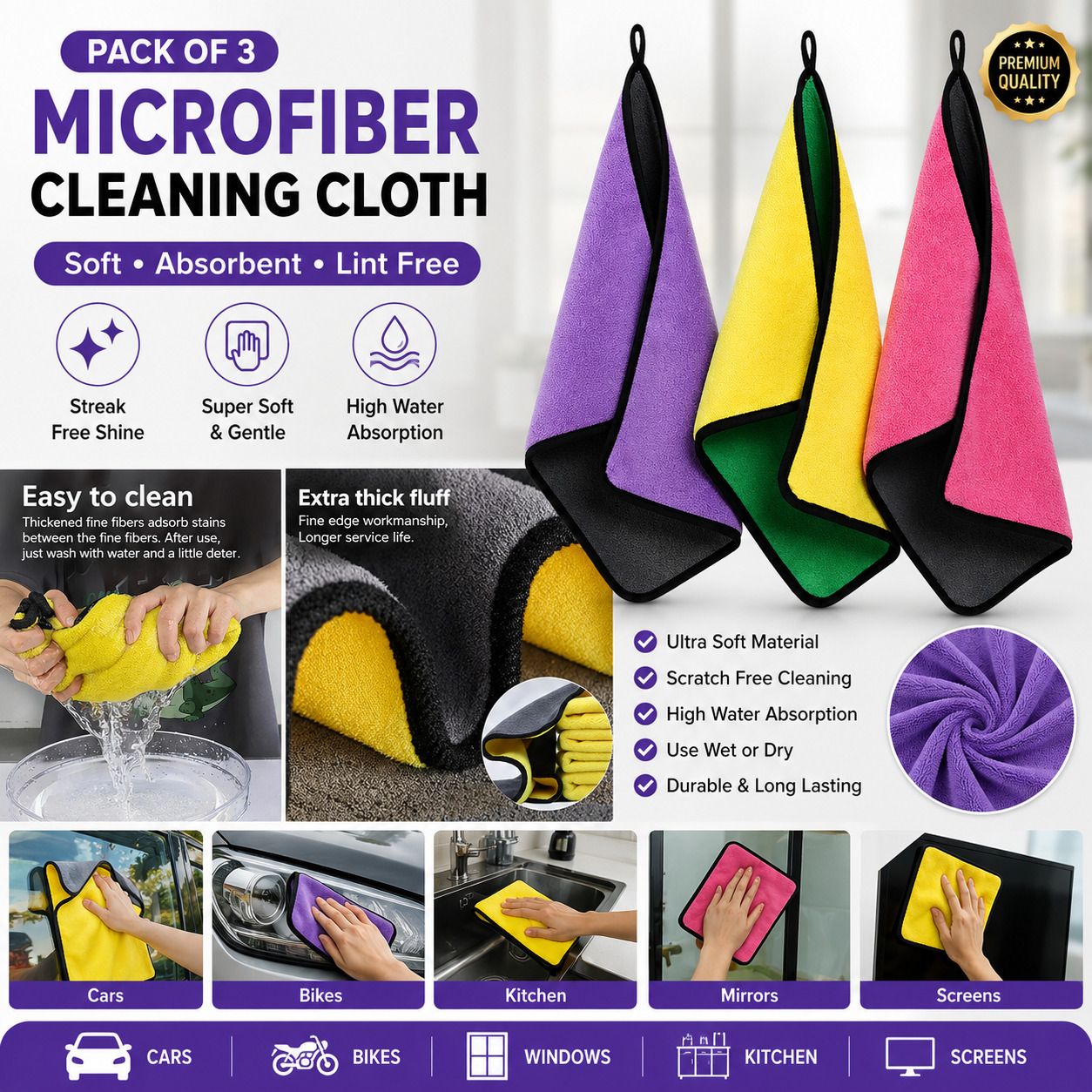 rajwada fabrics Double Sided Microfiber Cleaning Cloth Pack of 3 Lint Free Car Drying Towel Wet and Dry Microfiber Cleaning Cloth-picture-24
