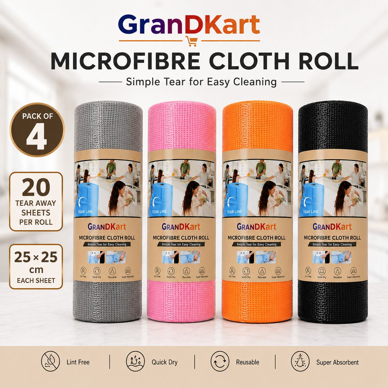 Premium Microfiber Cloth Roll (20 sheets 25x25 cm) - Pack of 4 Wet and Dry Microfiber Cleaning Cloth-image-29