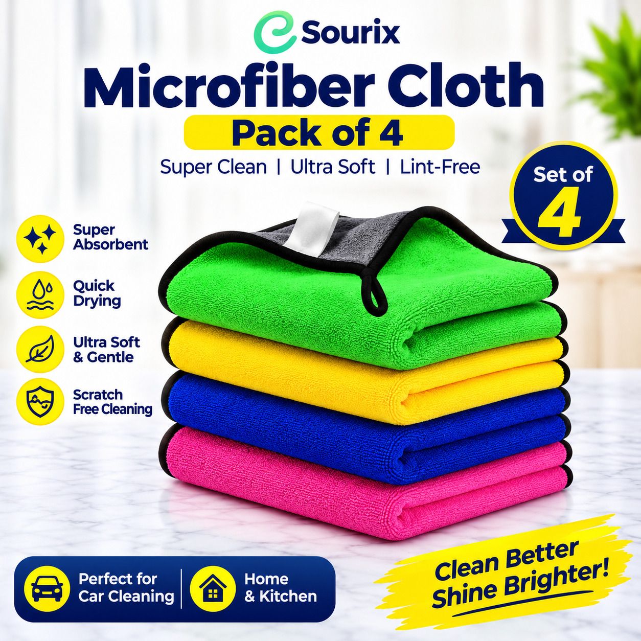 sourix Premium 500 GSM Microfiber Cleaning Cloth Pack of 4 Thick,Soft for Home & Car Wet and Dry Microfiber Cleaning Cloth-picture-35