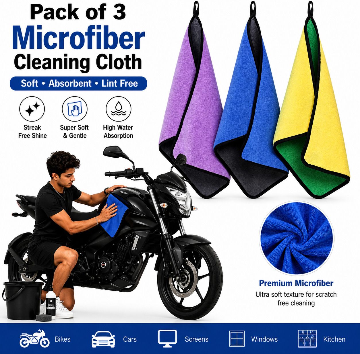 rajwada fabrics Professional Microfiber Cleaning Towels Pack of 3 for Car, Bike & Home Wet and Dry Microfiber Cleaning Cloth-picture-25