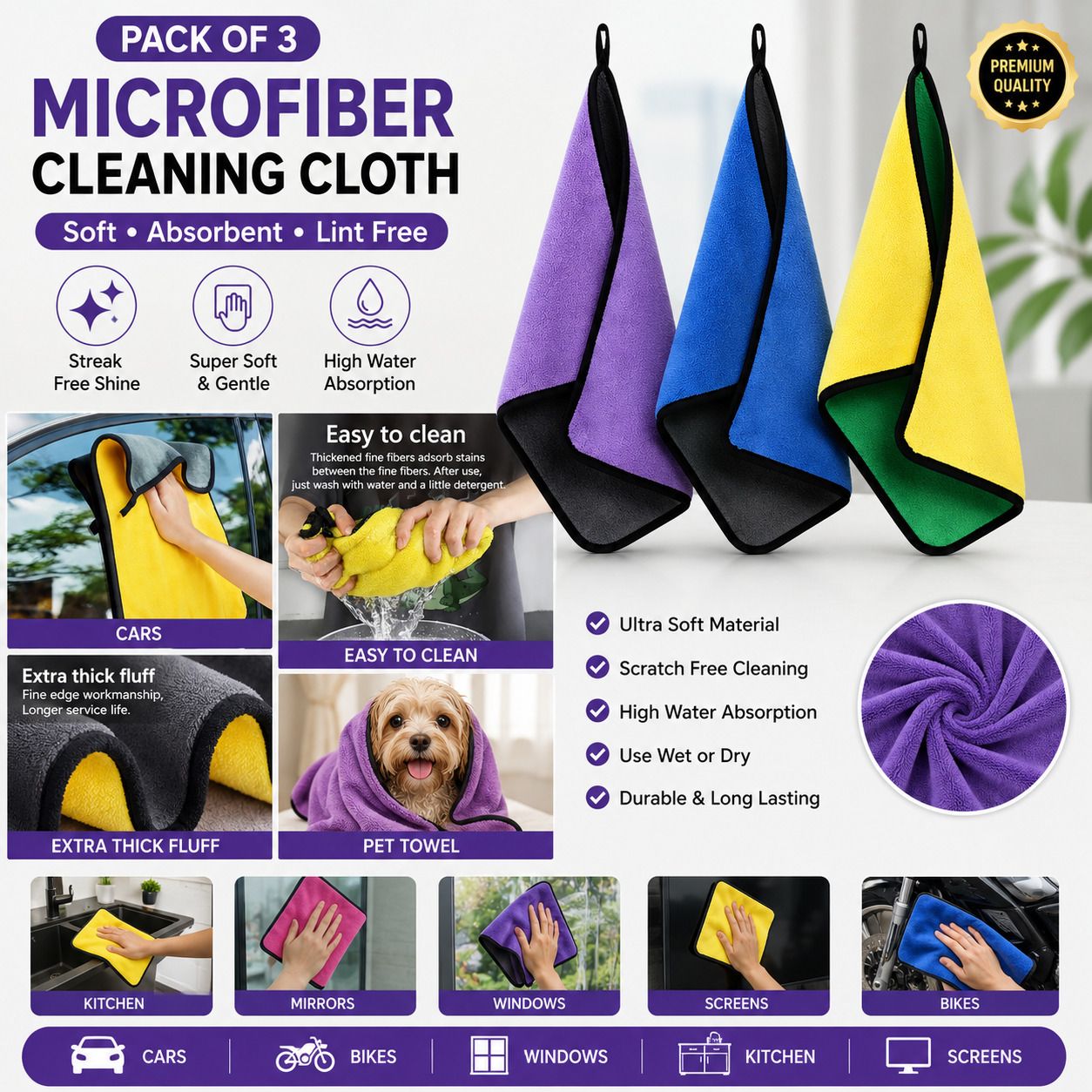 rajwada fabrics Ultra Soft Microfiber Car Cleaning Towel Pack of 3 Super Absorbent 30X40 cm Wet and Dry Microfiber Cleaning Cloth-picture-20