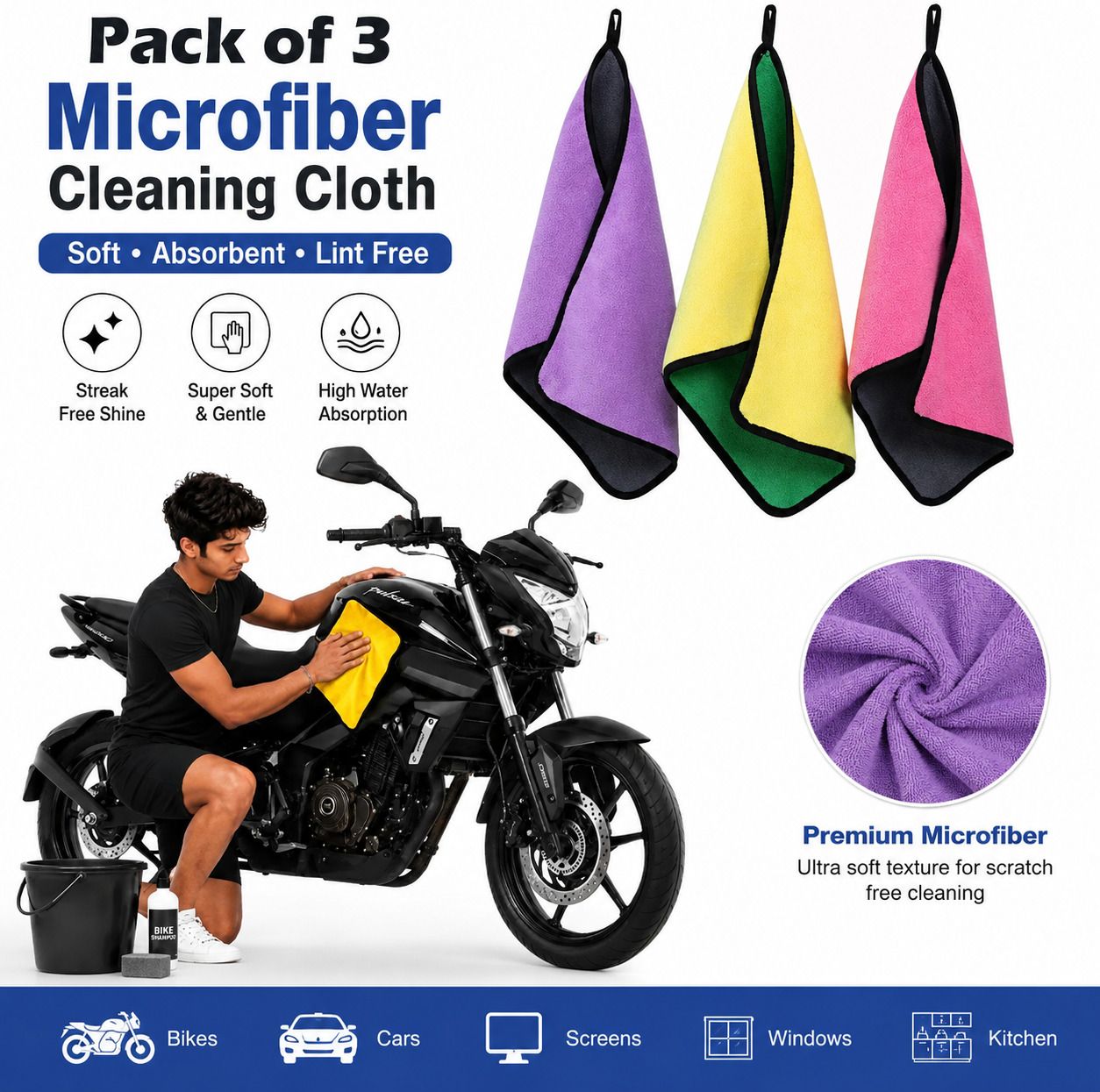 rajwada fabrics Premium Car Wash Microfiber Towels Pack of 3 Soft Drying Cloth 30X40 cm Wet and Dry Microfiber Cleaning Cloth-picture-22