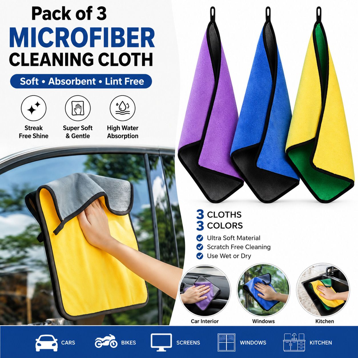 rajwada fabrics Car Detailing Microfiber Cloth Pack of 3 Scratch Free Cleaning Towel 30X40 cm Wet and Dry Microfiber Cleaning Cloth-picture-21