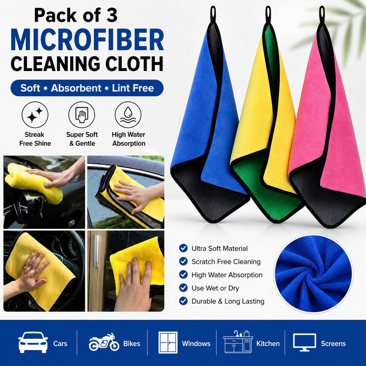 rajwada fabrics Premium Dual Side Microfiber Cleaning Cloth for Glass, Car & Kitchen Pack of 3 Wet and Dry Microfiber Cleaning Cloth-picture-23