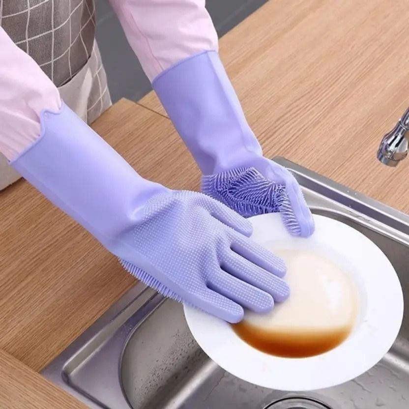 Silicon Gloves- hand gloves for kitchen dish washing (Multicolour, 2 Pair) Wet Glove-image-12
