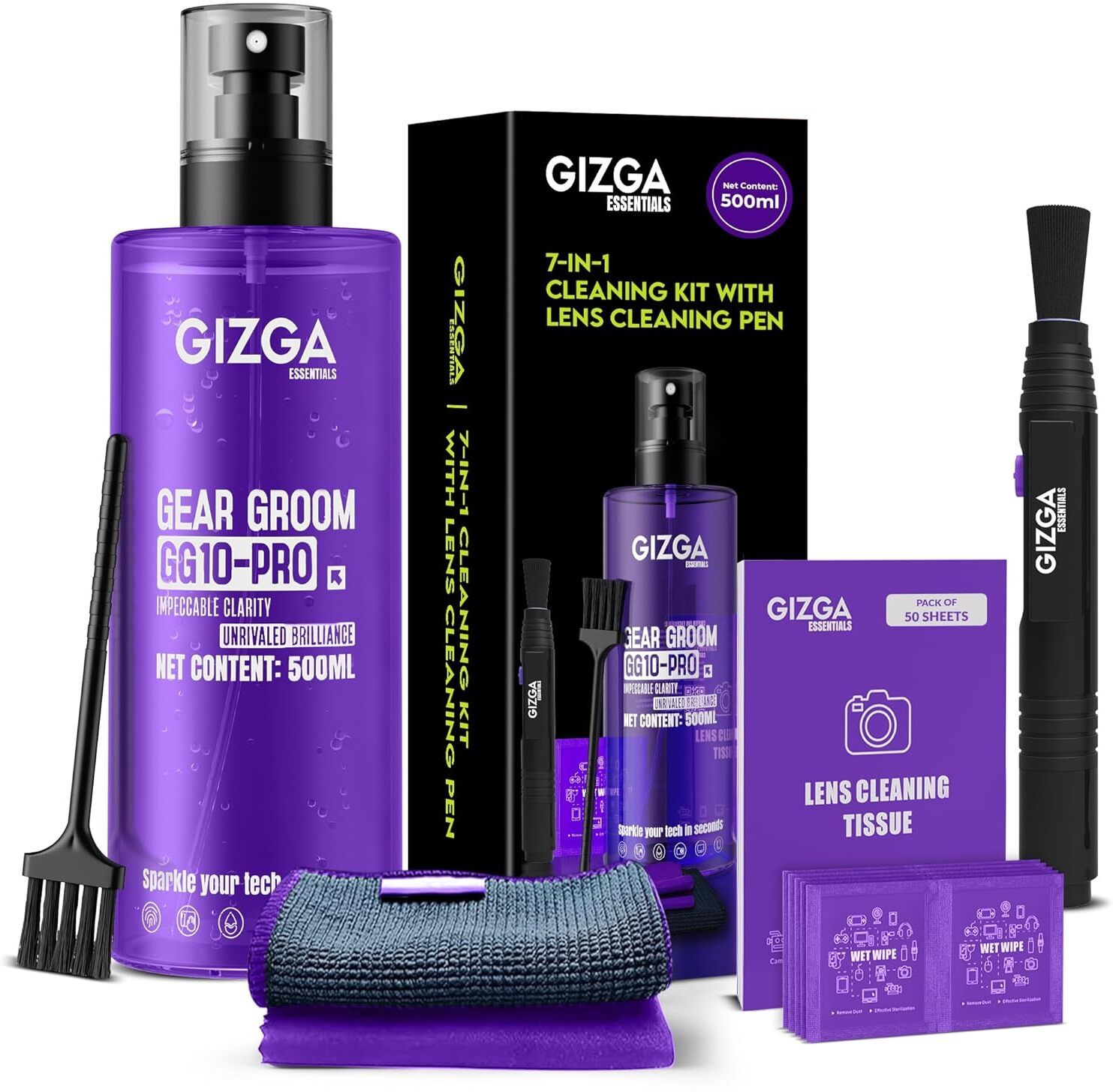 Gizga Essentials 7 in 1 Screen Cleaning Kit with 500ml Spray, Tissues, Lens Pen,Wet Wipes, Brush for Computers, Gaming, Laptops, Mobiles-picture-54