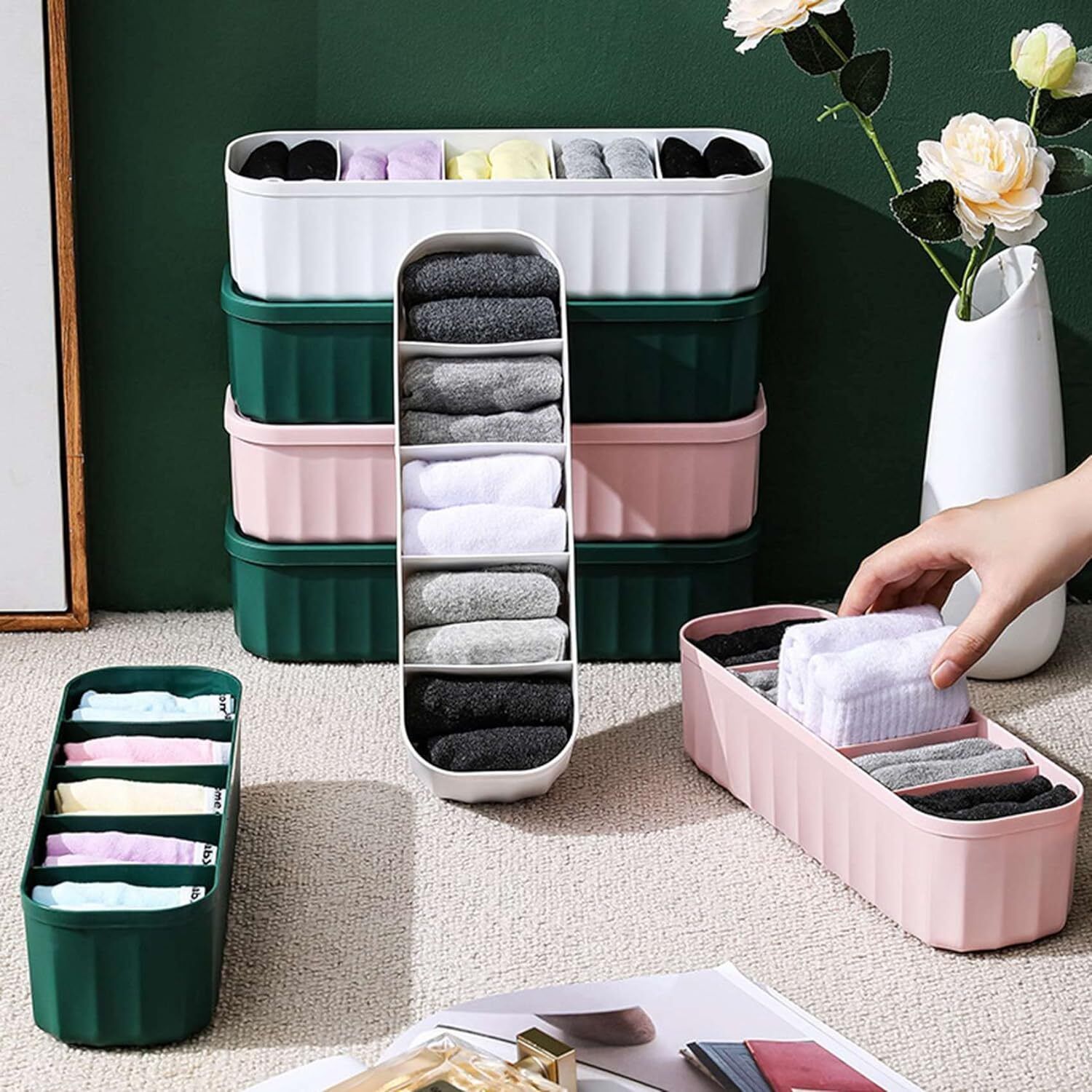 (Pack Of 04) Multipurpose Plastic 5 Grid Socks Rack Storage Organizer Holder Drawer Divider