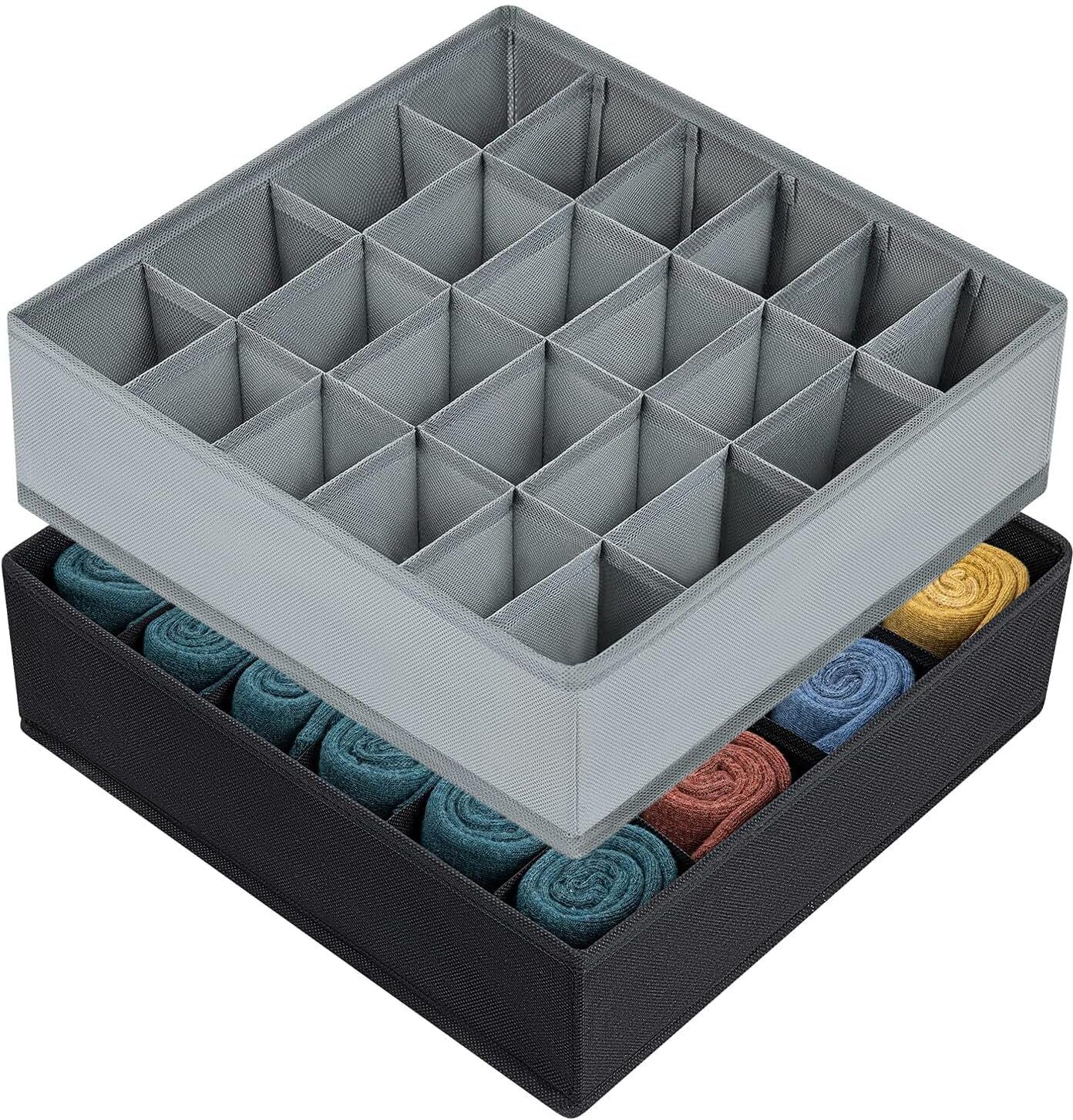 2-Pack 48 Cell Sock, Underwear & Tie Drawer Organizer - Collapsible Grey & Black Drawer Divider-image-38