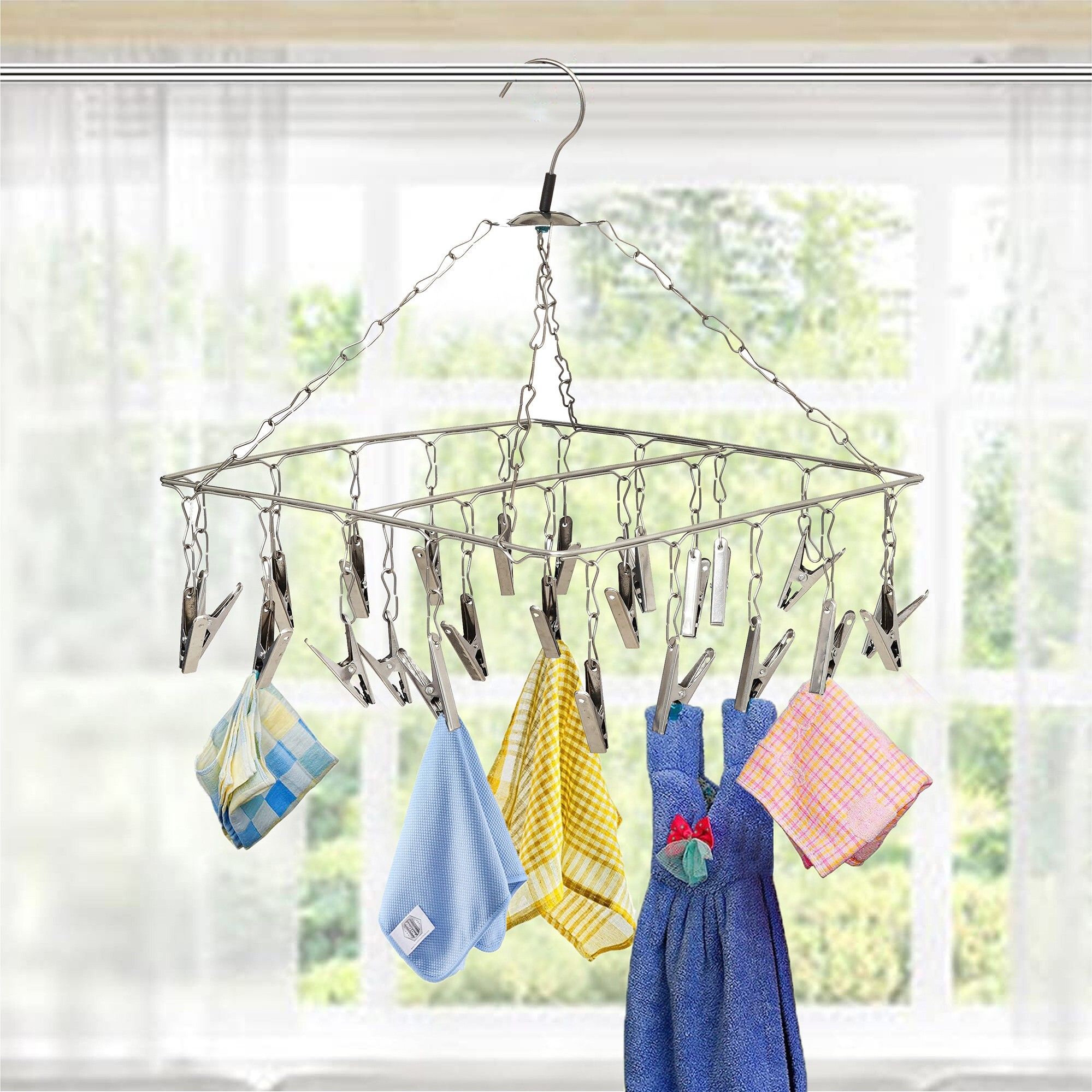 fashion bizz 25 Pegs Hanging Cloth Dryer Hanger Baby Cloth Hanger Ceiling Steel Cloth Hanger Stainless Steel Cloth Clips-picture-9