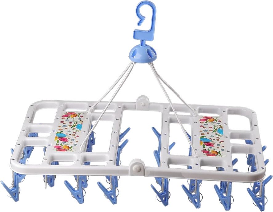 Foldable Clip Hangers with 28 Drying Clips, Underwear Hanger with Clips, Plastic Laundry Clip and Drip Drying Hanger for Socks, Bras, Lingerie, Clothes, Sturdy, Blue Plastic Cloth Clips