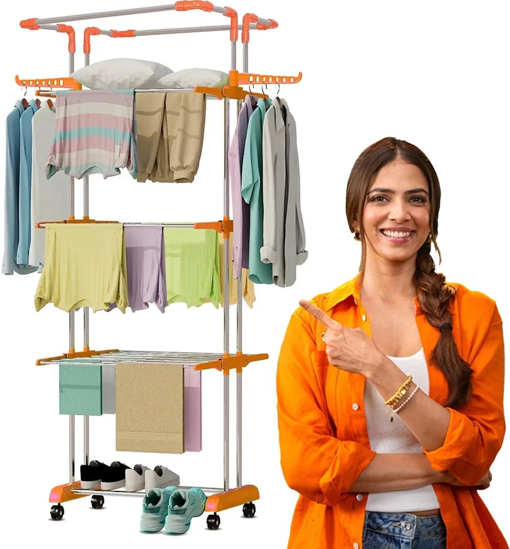 Steel Floor Cloth Dryer Stand Rust Free Premium Material with Wheels-image-8