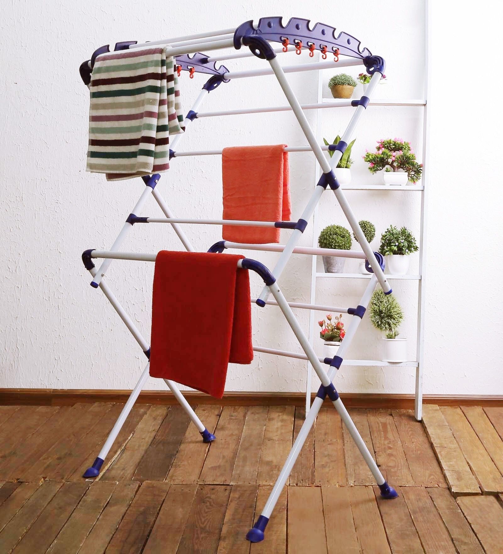 Steel Floor Cloth Dryer Stand Sumo - Large - Pre Assembled, Foldable - Blue & White-image-45