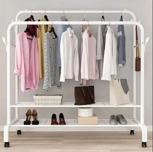 bucketlist Steel Floor Cloth Dryer Stand Garment Metal Cloth Rack Hanger 4 Wheels 4 Hooks for Hanging Clothes (White)-picture-17