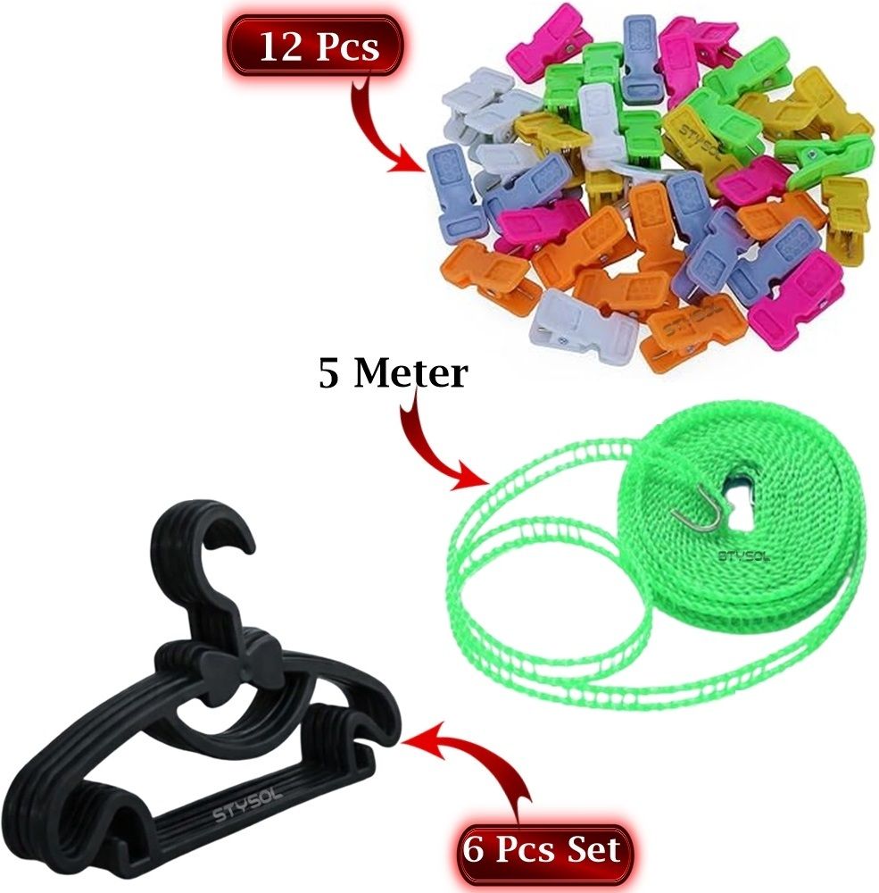 stysol Free Cloth Rope With 12 x Cloth Pegs and 6 x Cloth Hanger] All in One Combo Plastic Retractable Clothesline-picture-11