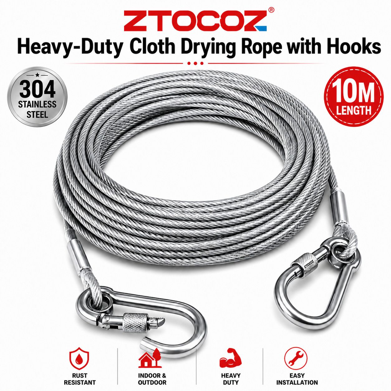 ztocoz Heavy Duty Stainless Steel Clothesline Wire Laundry Drying Rope with Hooks 10M Silver-picture-12