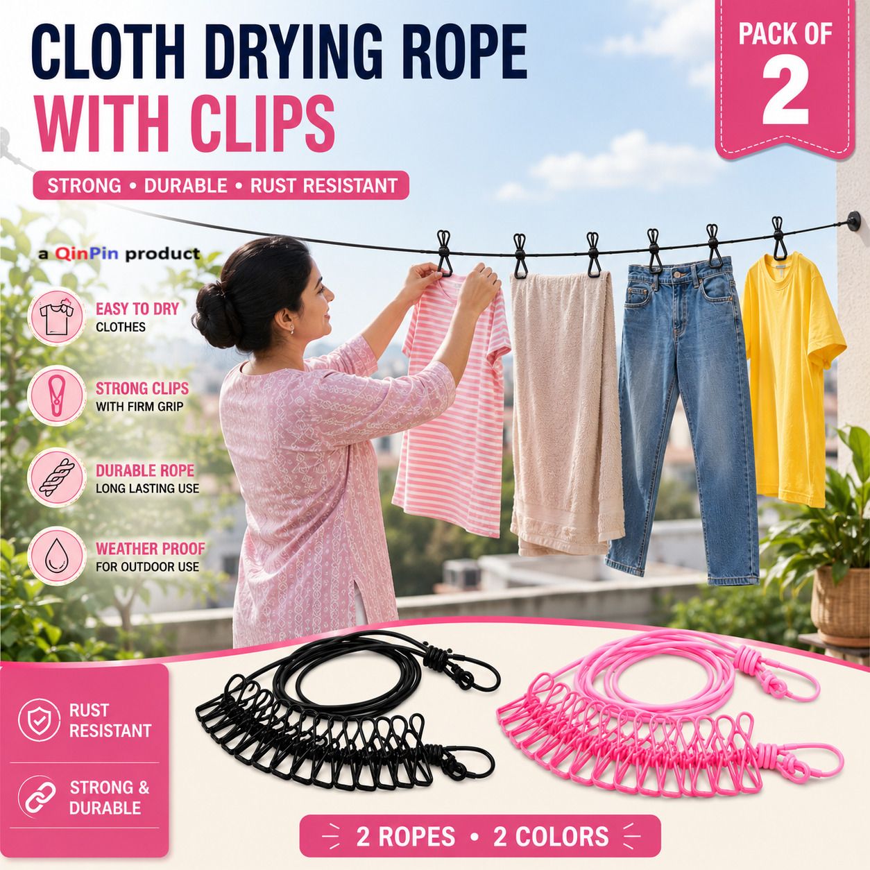 Cloth Drying Rope with 12 Clip Portable Clothesline for Travel Home Balcony Nylon, Steel Retractable Clothesline-image-20