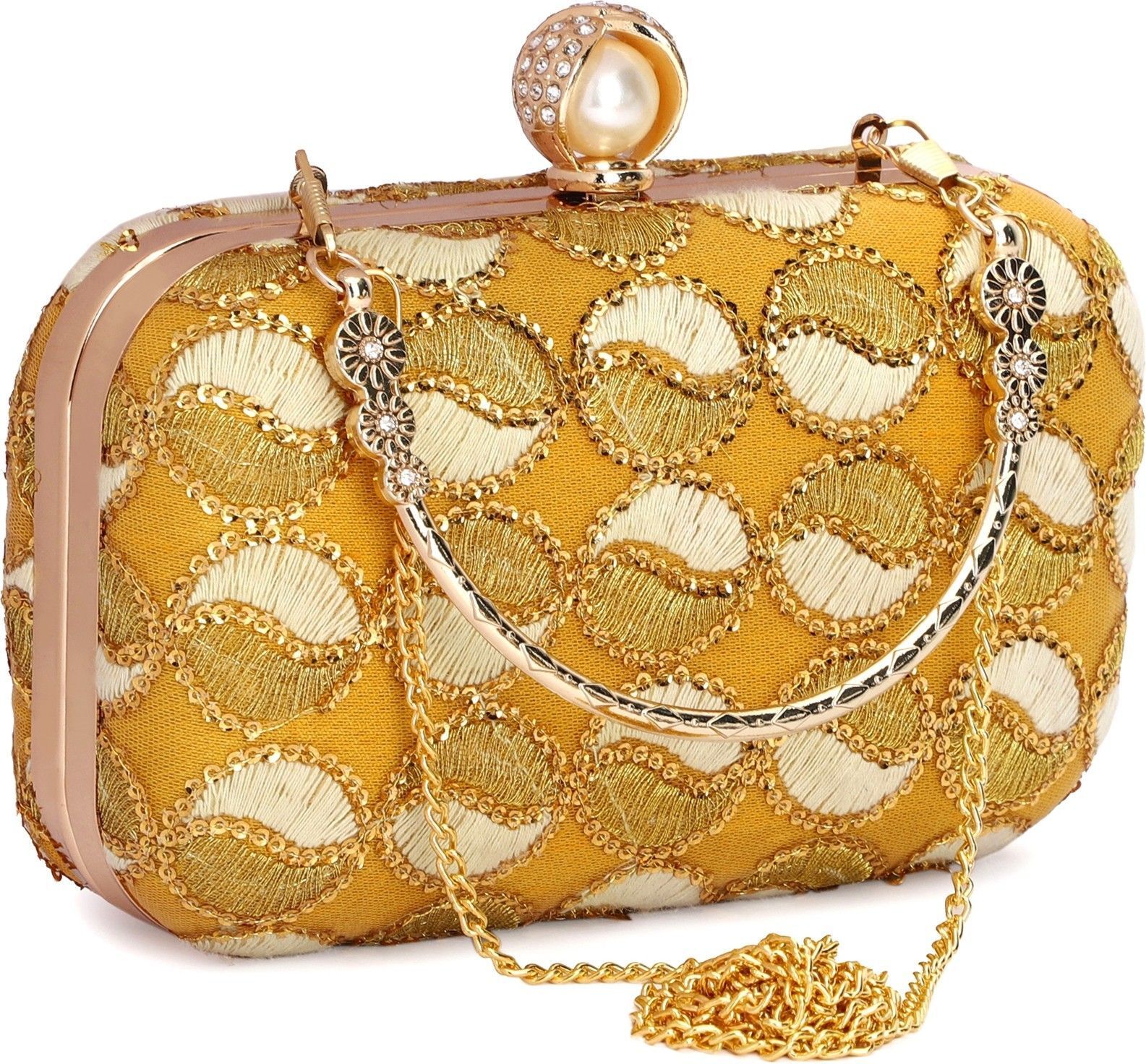 tooba handicraft Party Gold, Beige, White Clutch-picture-37